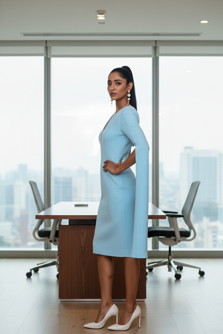 Woman in a light blue dress standing in an office with large windows.