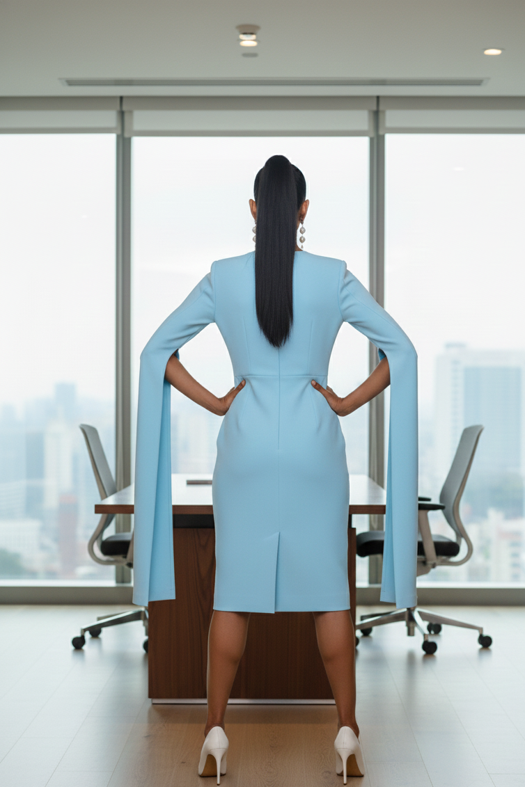 Person in a light blue dress standing in an office with large windows.