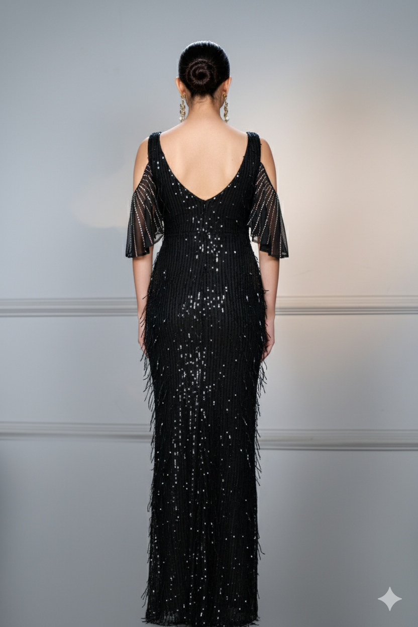 Woman wearing a black sequined tasselled gown 