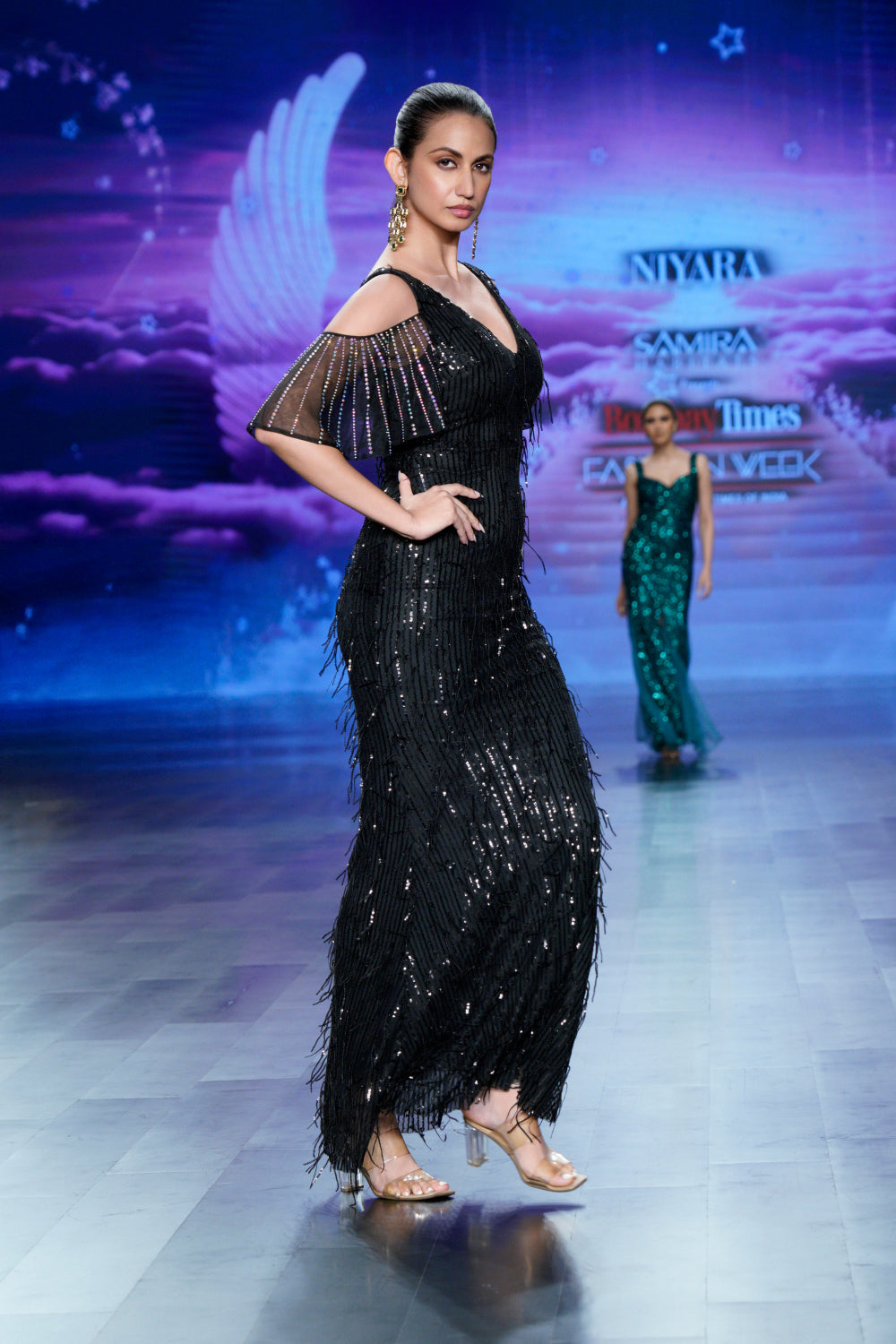 sculpted sequin gown for weddings and gala events (black, left profile)