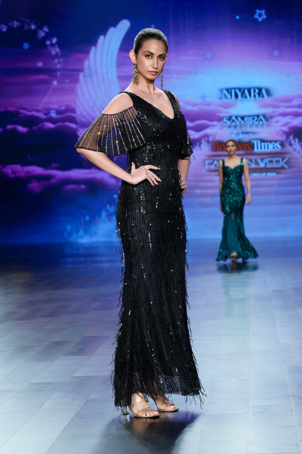 cold shoulder sequin gown – women’s long formal dress (black, left profile)
