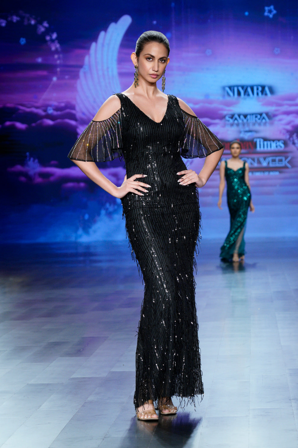evening gown with sheer beaded sleeves (black, left profile)