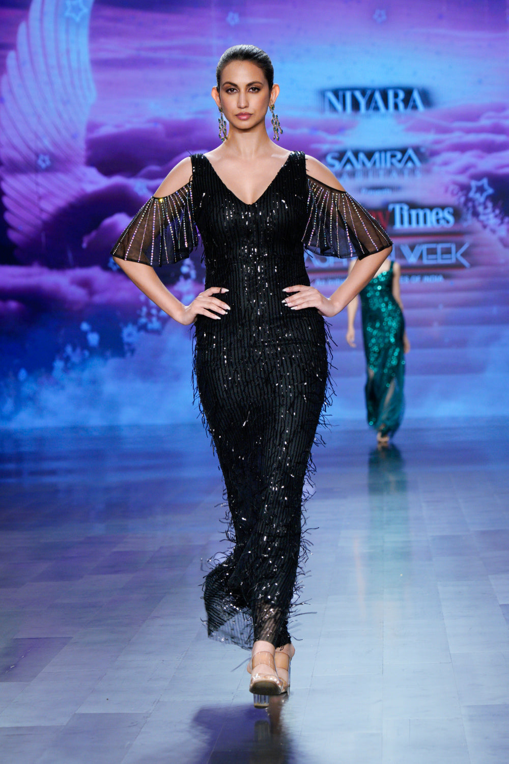 svara embellished evening gown – formal dress with beadwork (black, front profile)