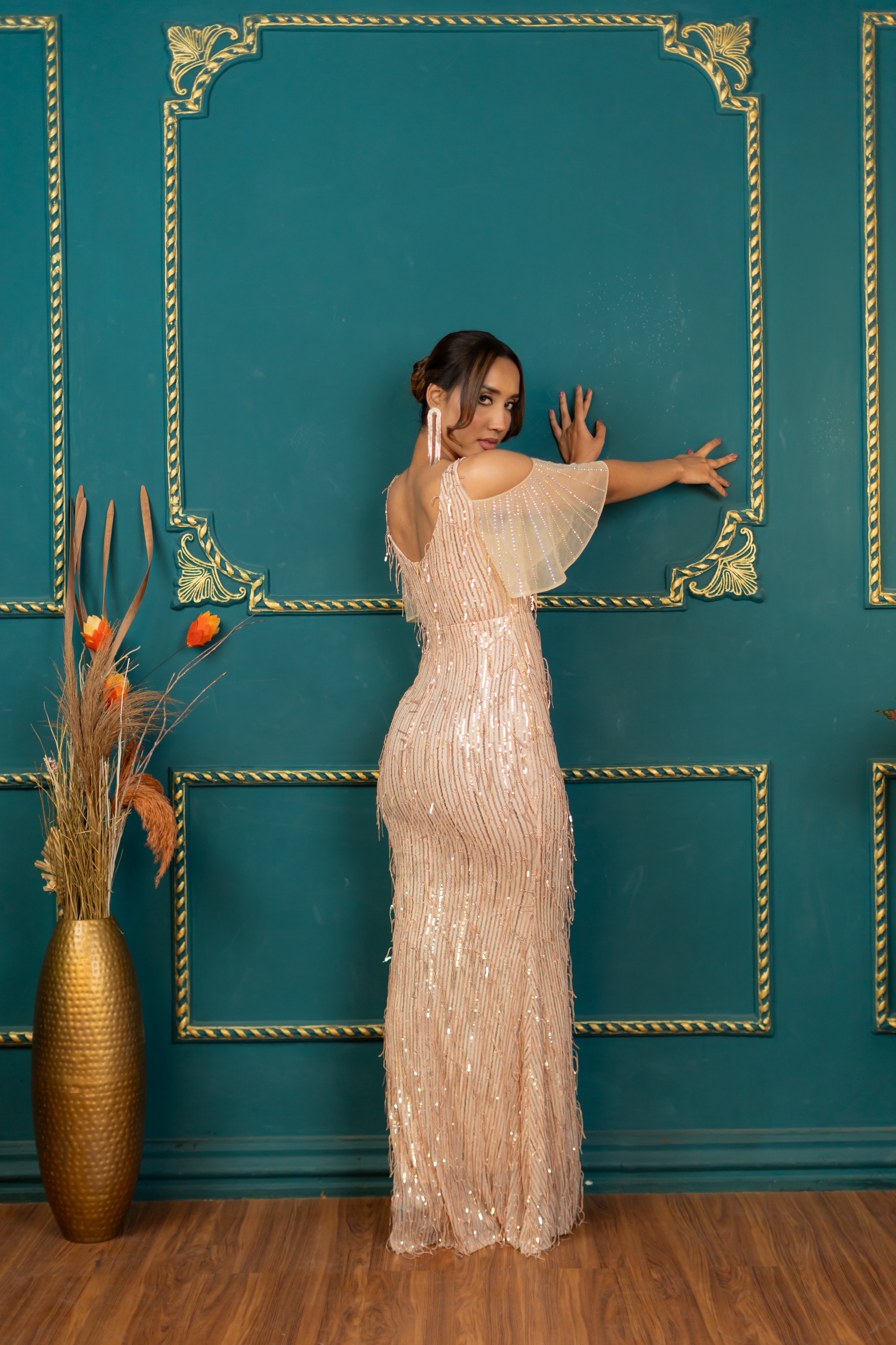 sculpted sequin gown for weddings and gala events (Gold, back profile)