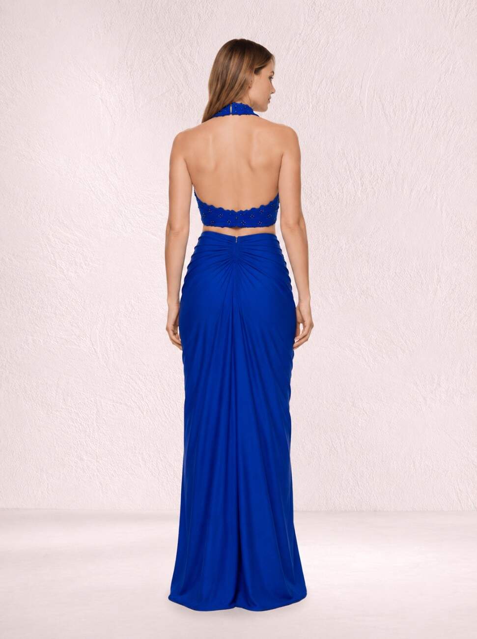 Samyra Royal Blue Hand-Beaded Halter & Draped Skirt Set with Dupatta