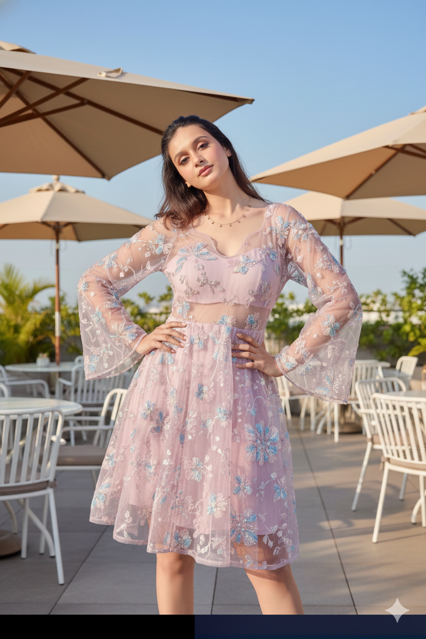 Tisha -  Embroidered Pink Mini dress | NIYARA India