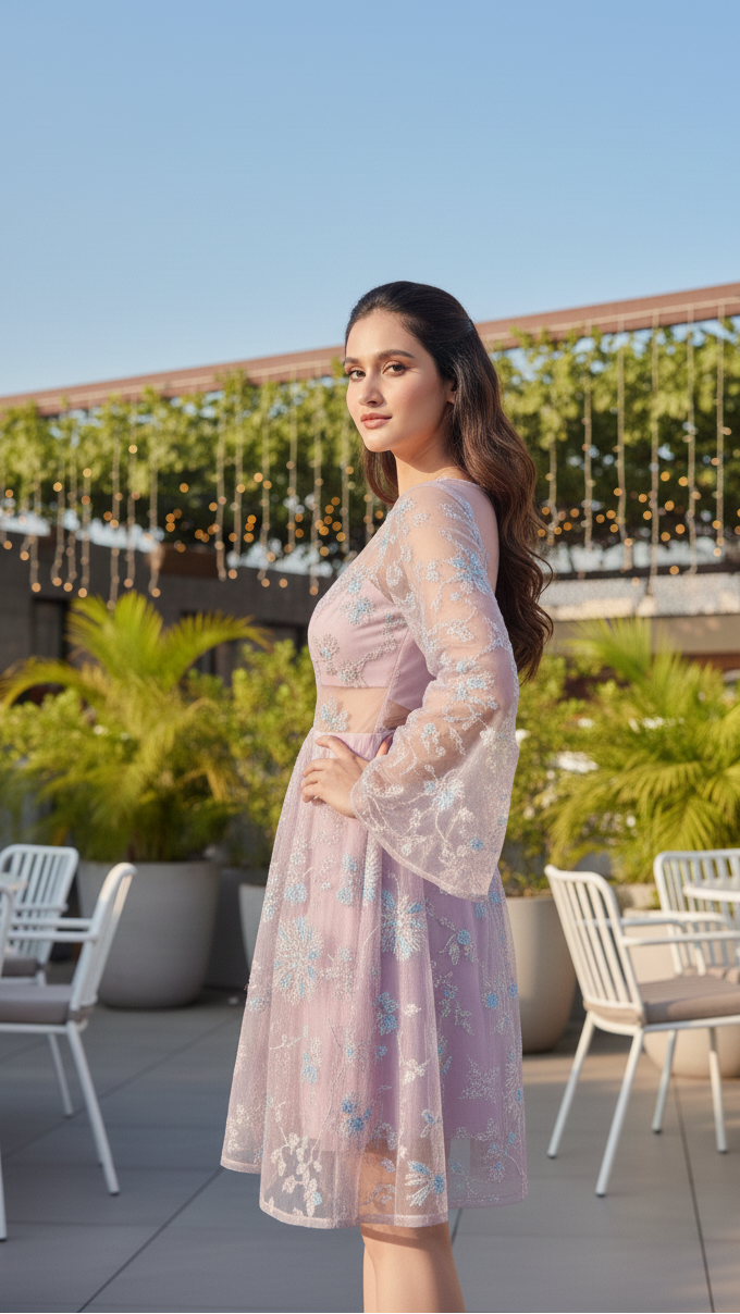 woman wearing Tisha Embroidered Pink Mini dress by Niyara India