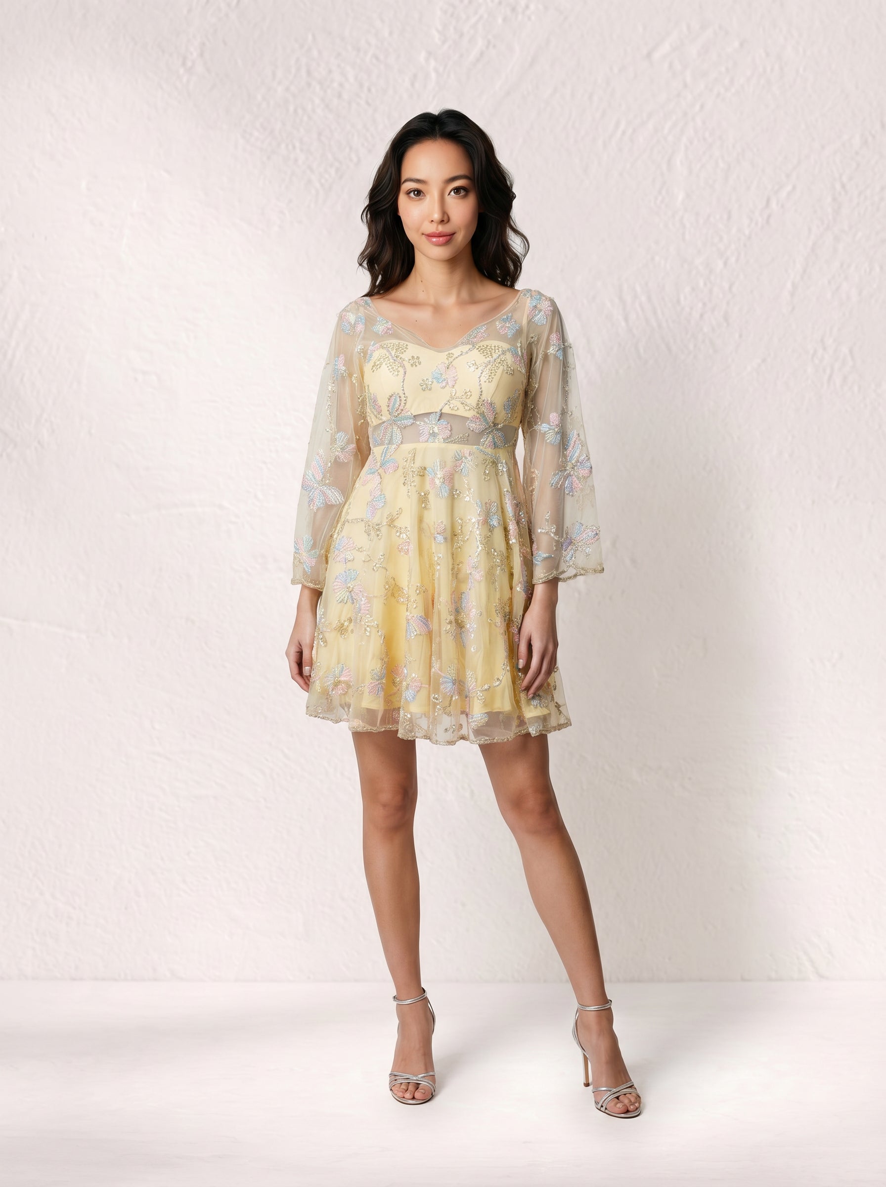 Tisha -  Embroidered Yellow Mini dress