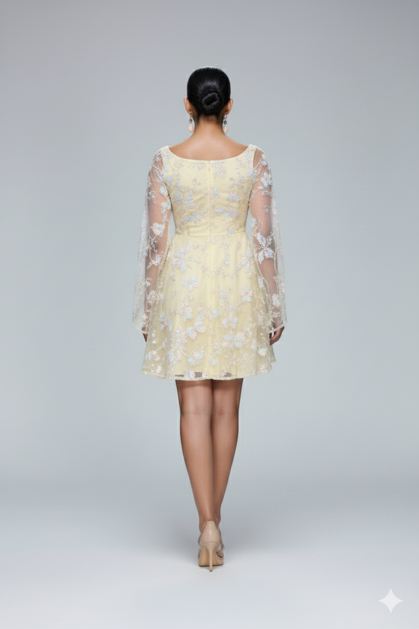 Tisha -  Embroidered Yellow Mini dress