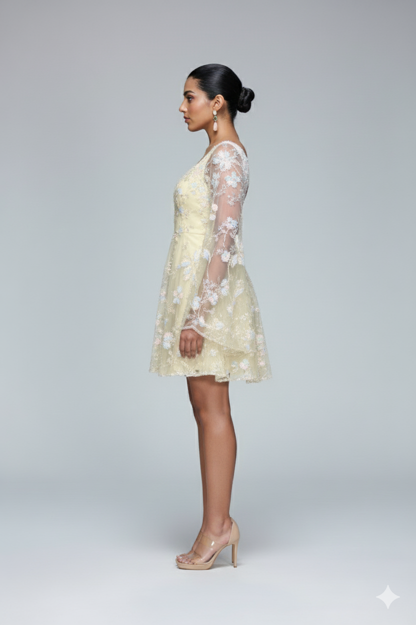 Tisha -  Embroidered Yellow Mini dress