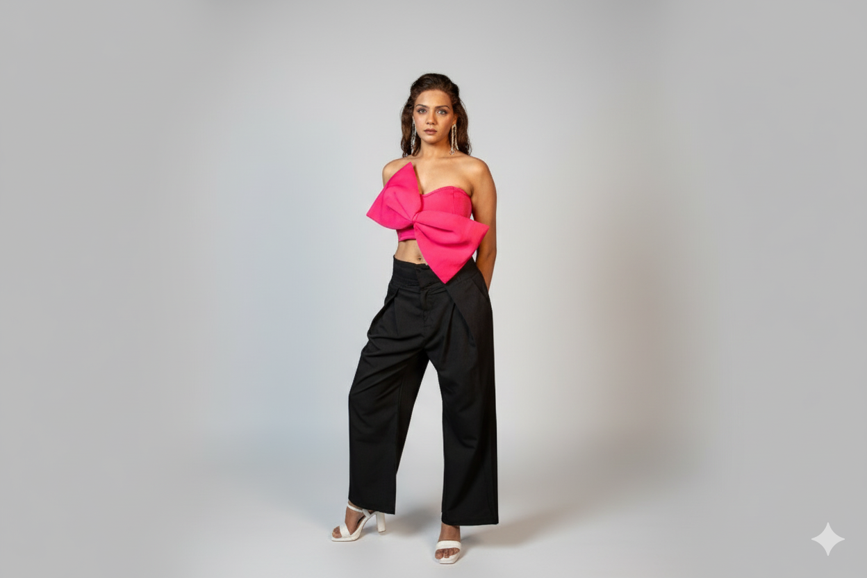 woman wearing a golden corset top and black flared trousers