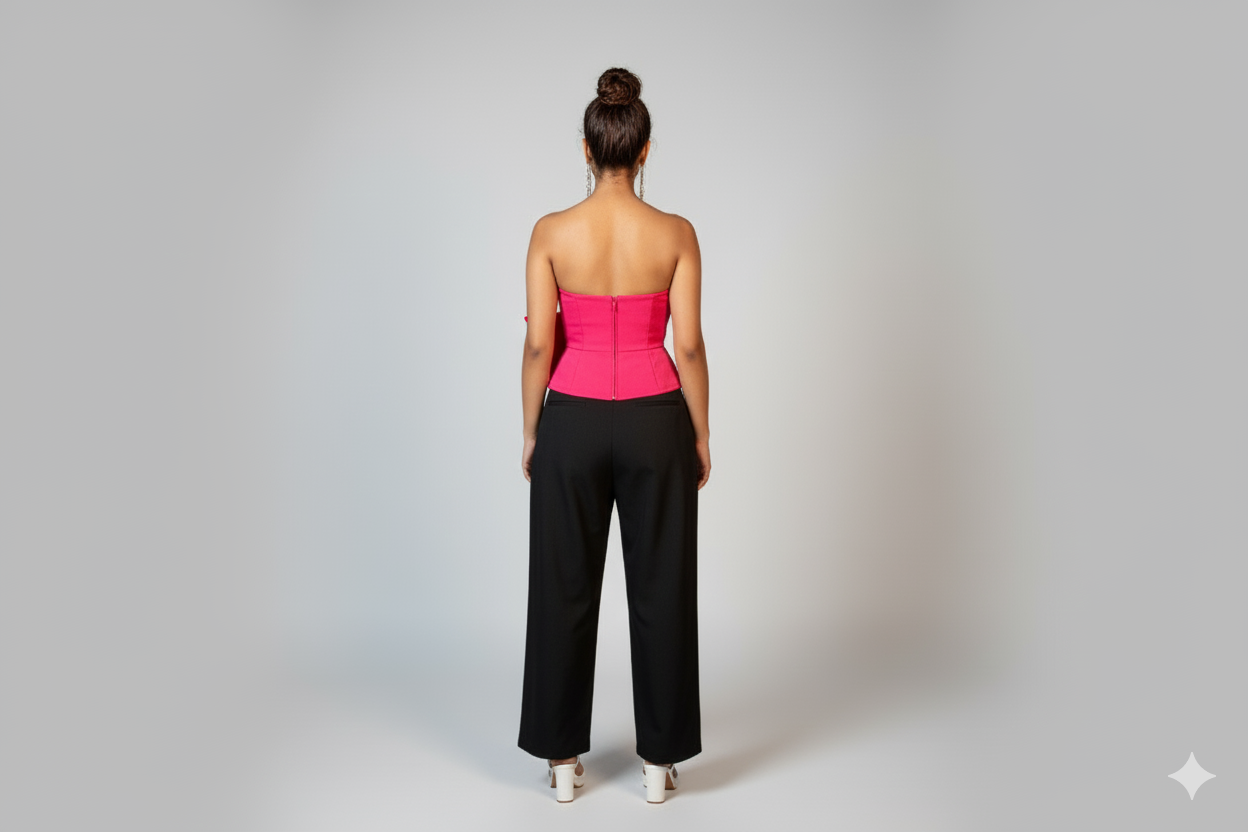 woman wearing a golden corset top and black flared trousers