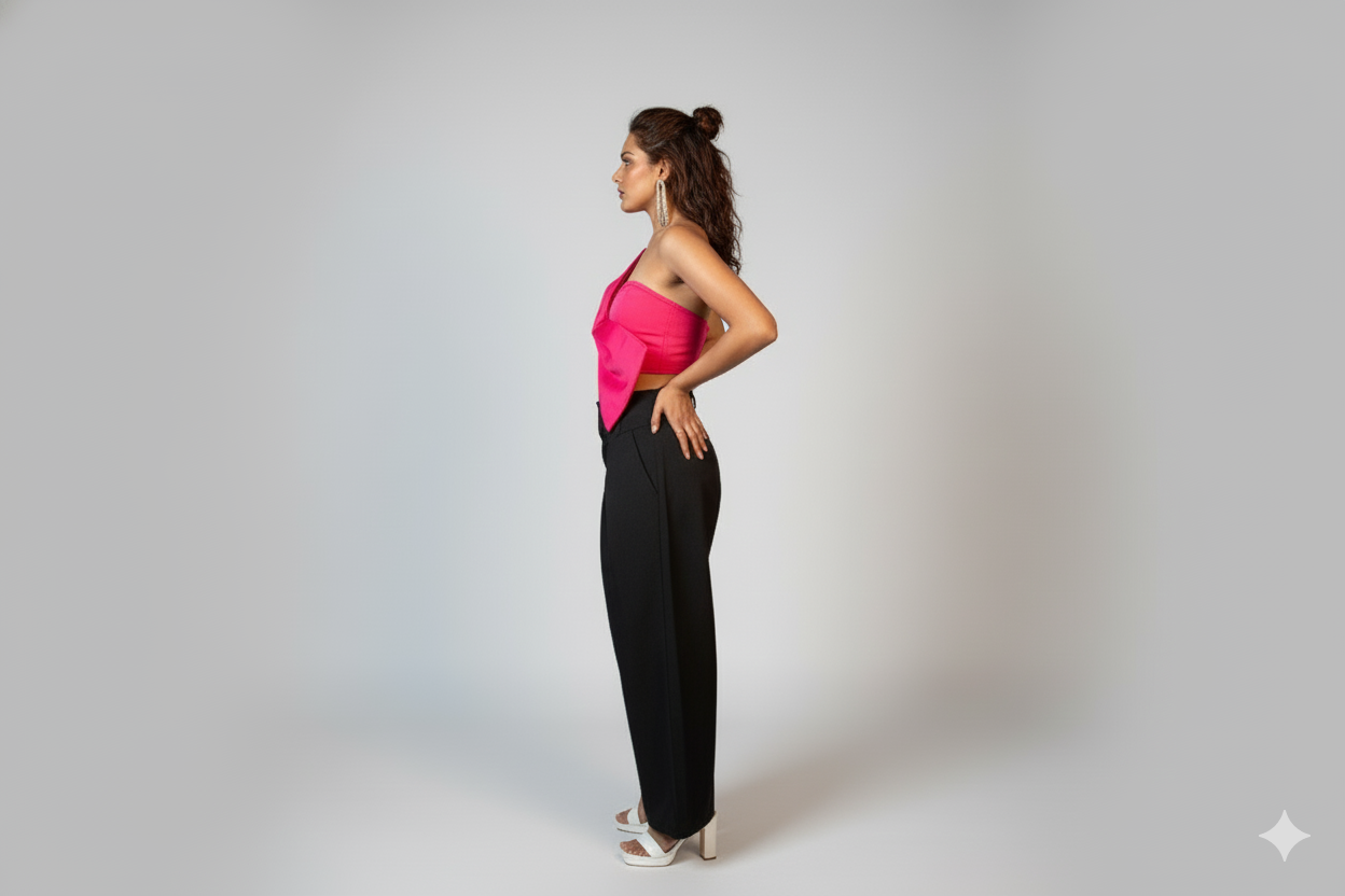 woman wearing a golden corset top and black flared trousers