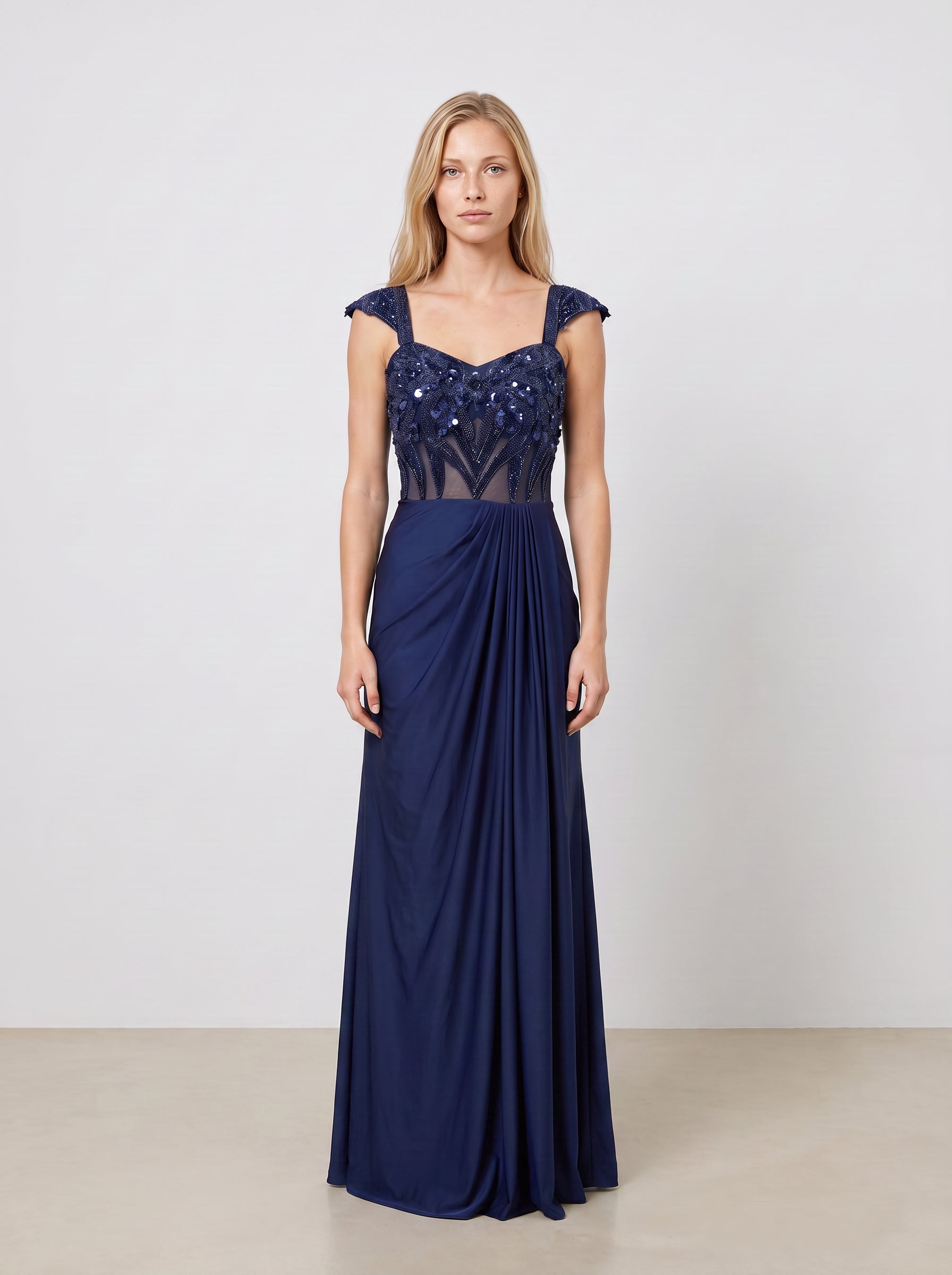 Veya Midnight Blue Sheer Corset & Draped Evening Gown