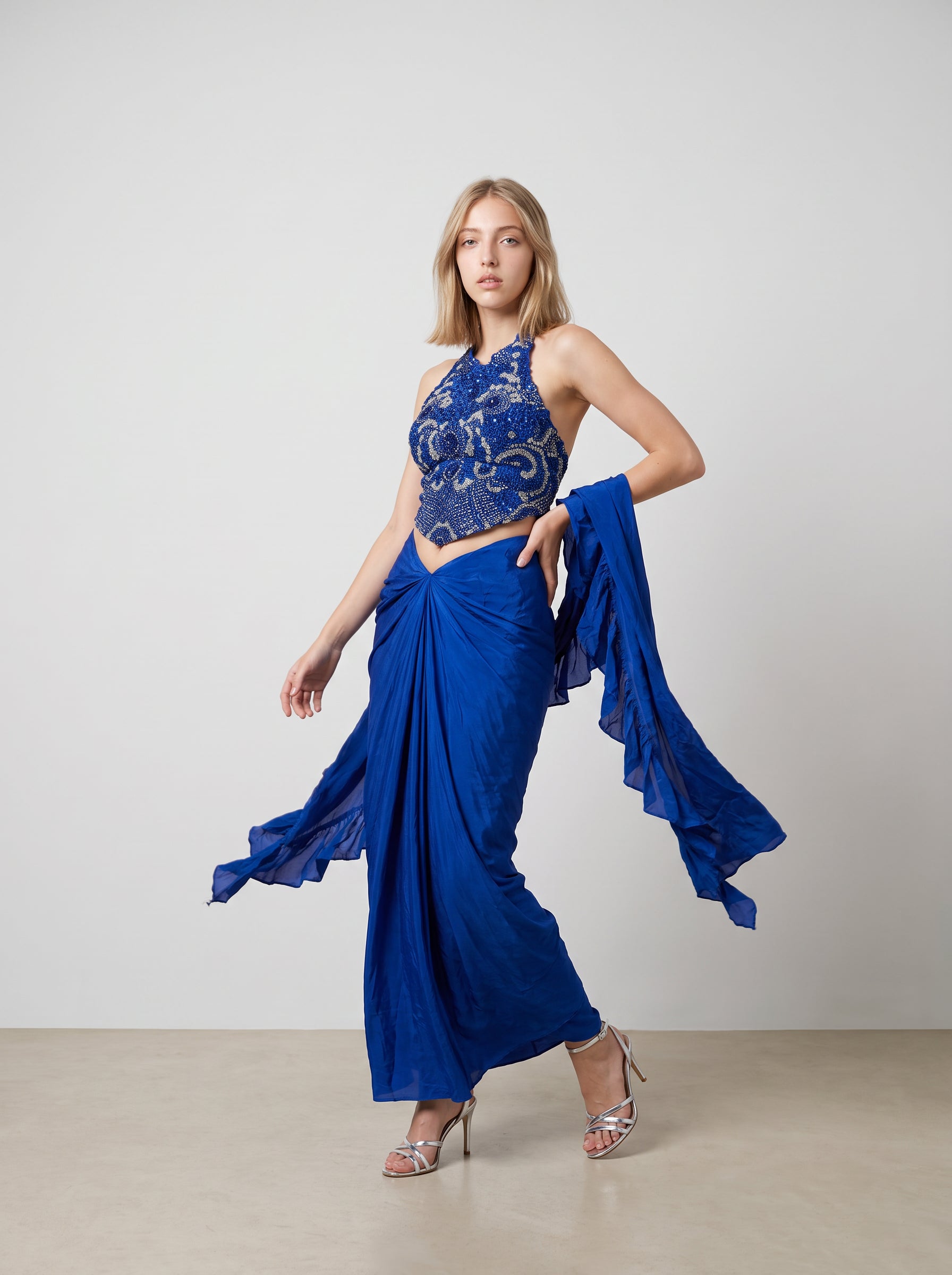 Samyra Royal Blue Hand-Beaded Halter & Draped Skirt Set with Dupatta