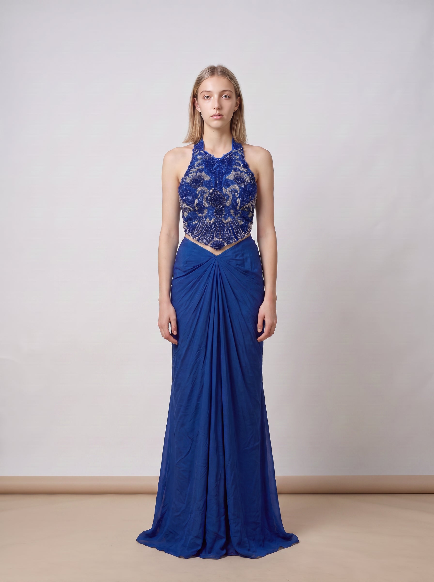 Samyra Royal Blue Hand-Beaded Halter & Draped Skirt Set with Dupatta