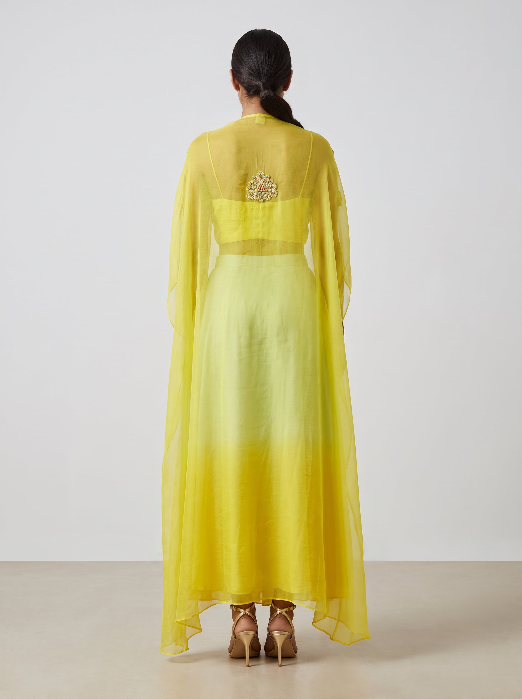 Naira Cascade Yellow & Green Ombre Cape Set with Floral Bustier