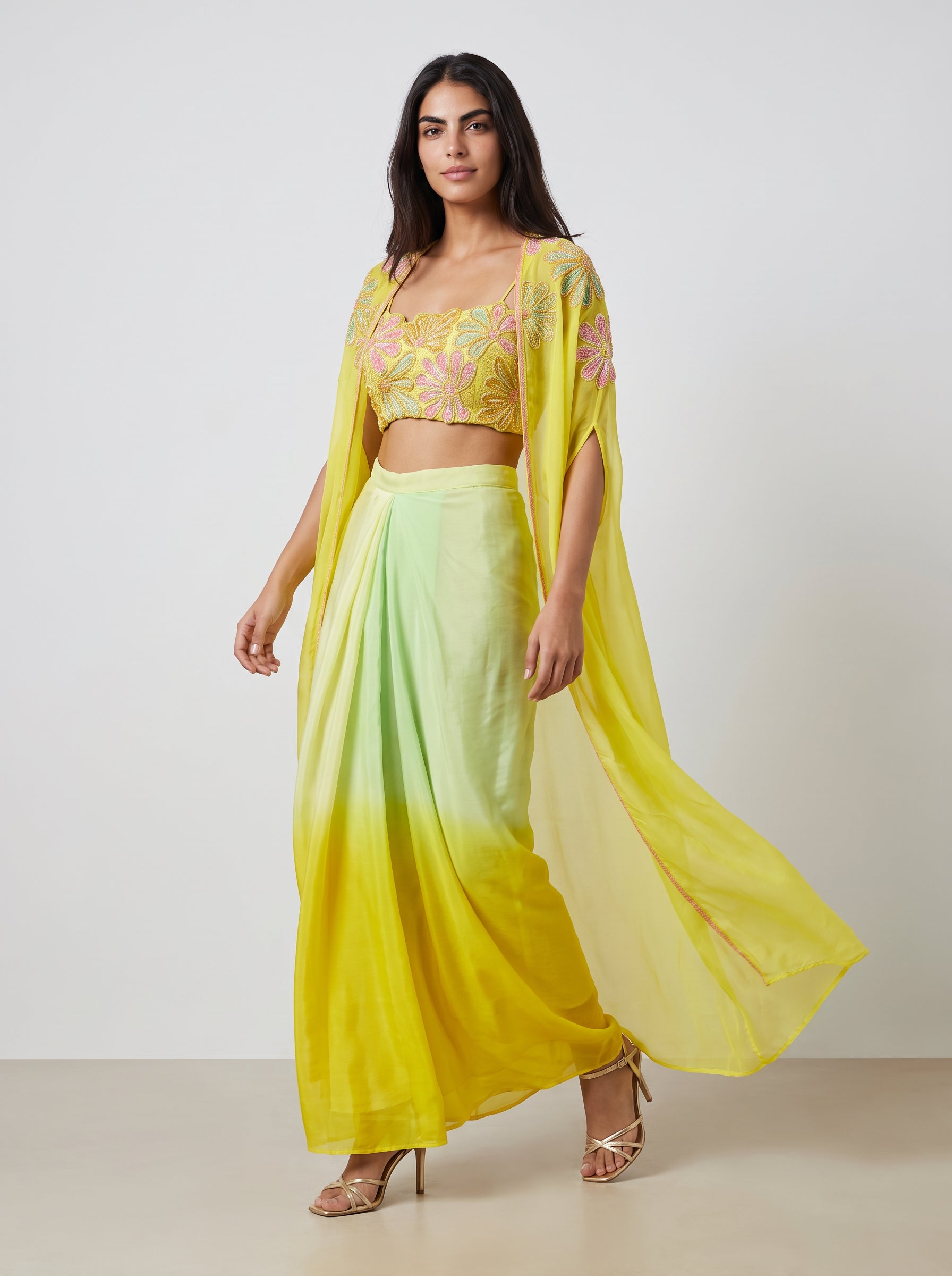 Naira Cascade Yellow & Green Ombre Cape Set with Floral Bustier