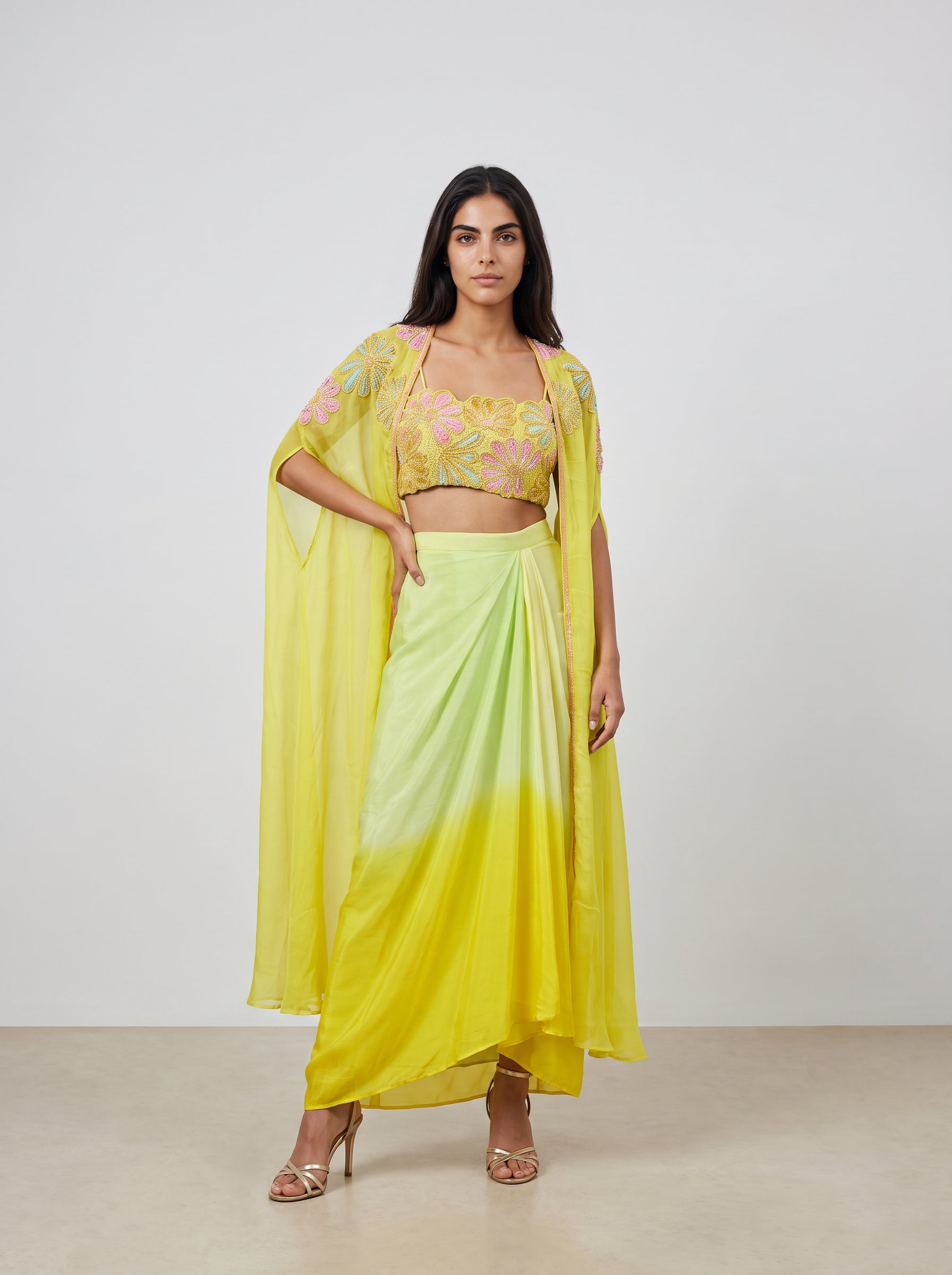 Naira Cascade Yellow & Green Ombre Cape Set with Floral Bustier