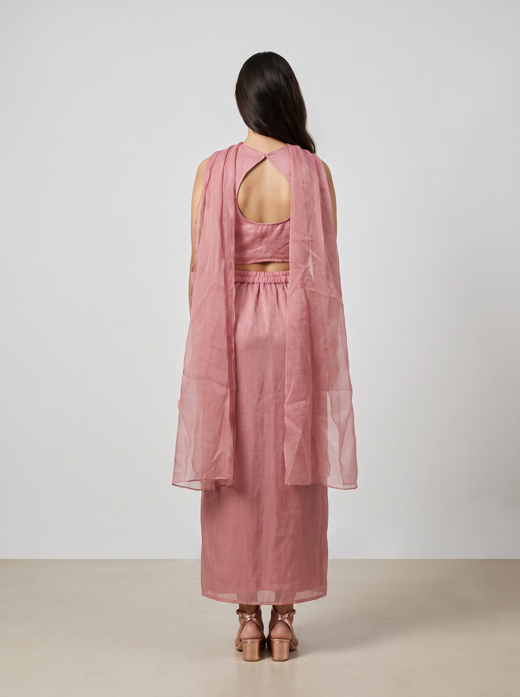 Saumya Pink Pearl-Embellished Halter & Draped Lehenga Set