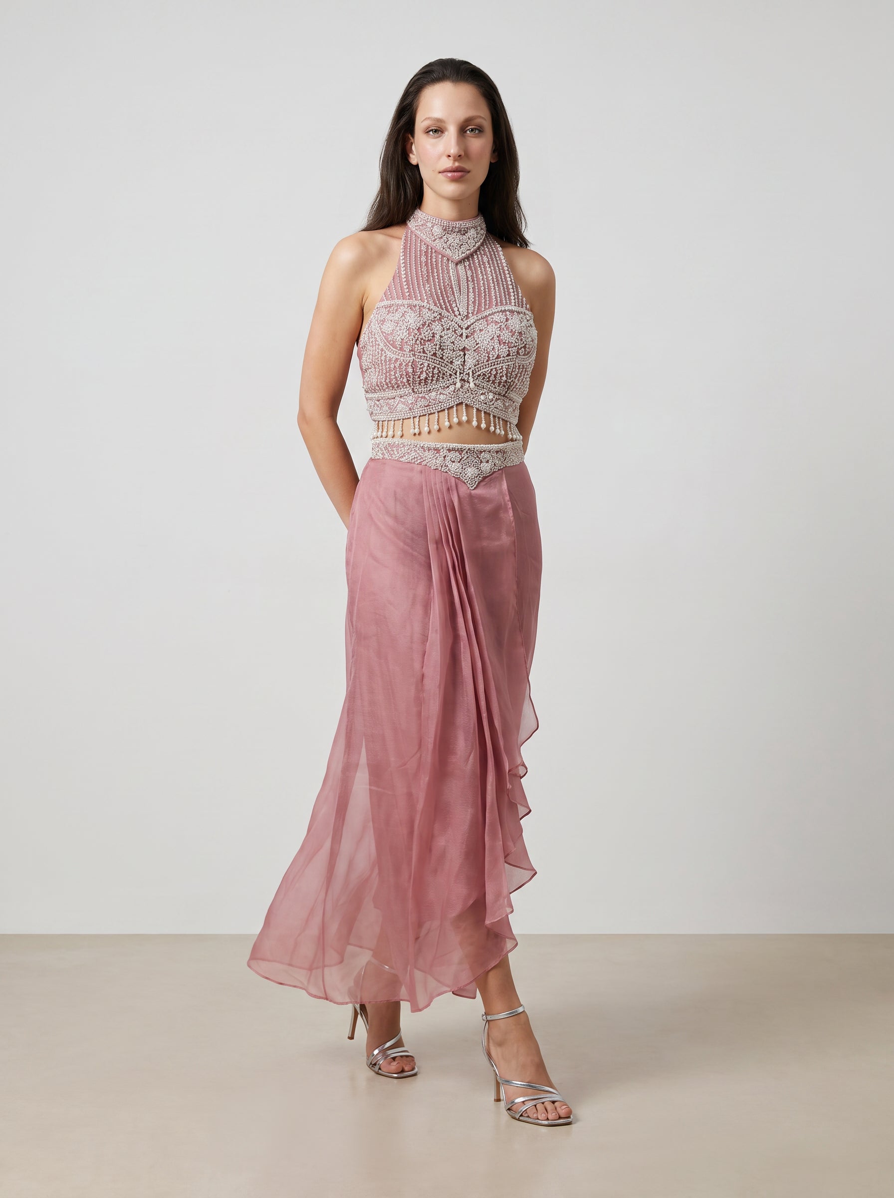 Saumya Pink Pearl-Embellished Halter & Draped Lehenga Set