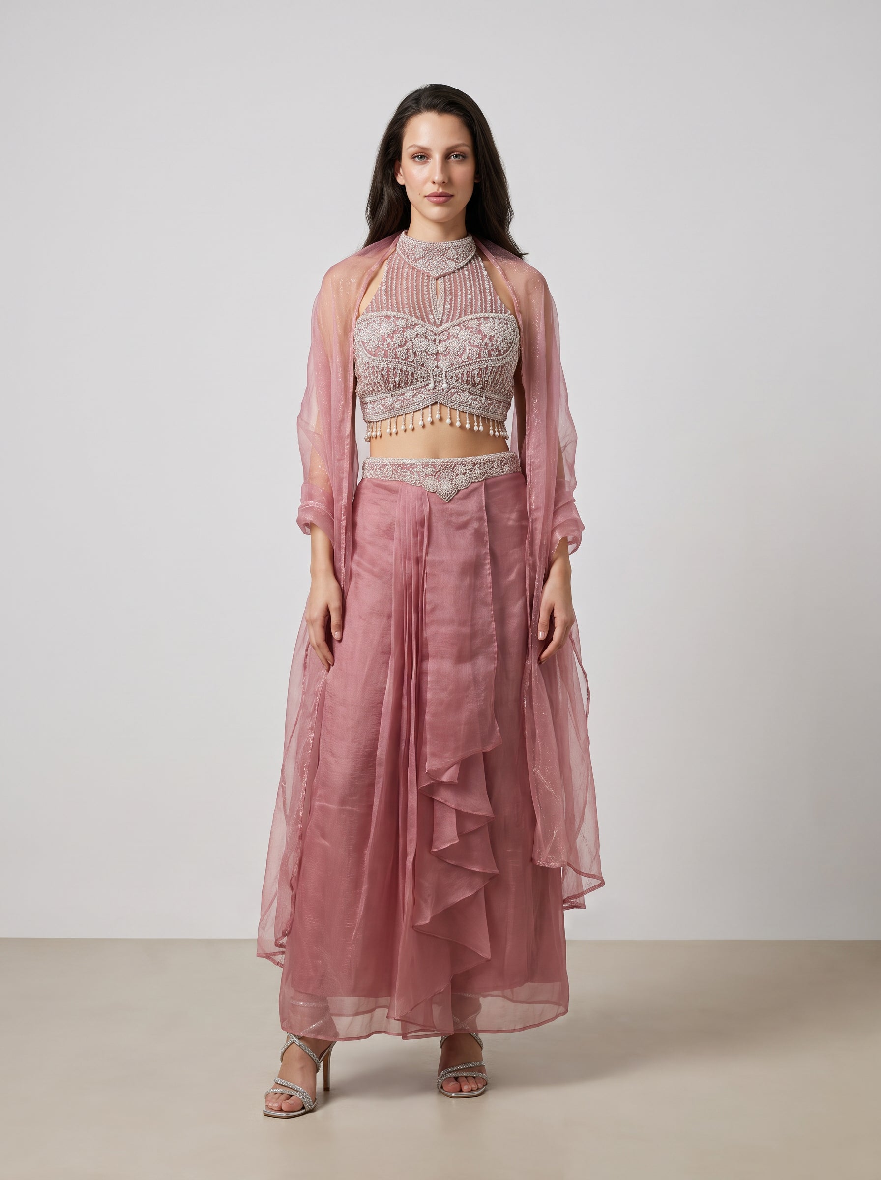 Saumya Pink Pearl-Embellished Halter & Draped Lehenga Set