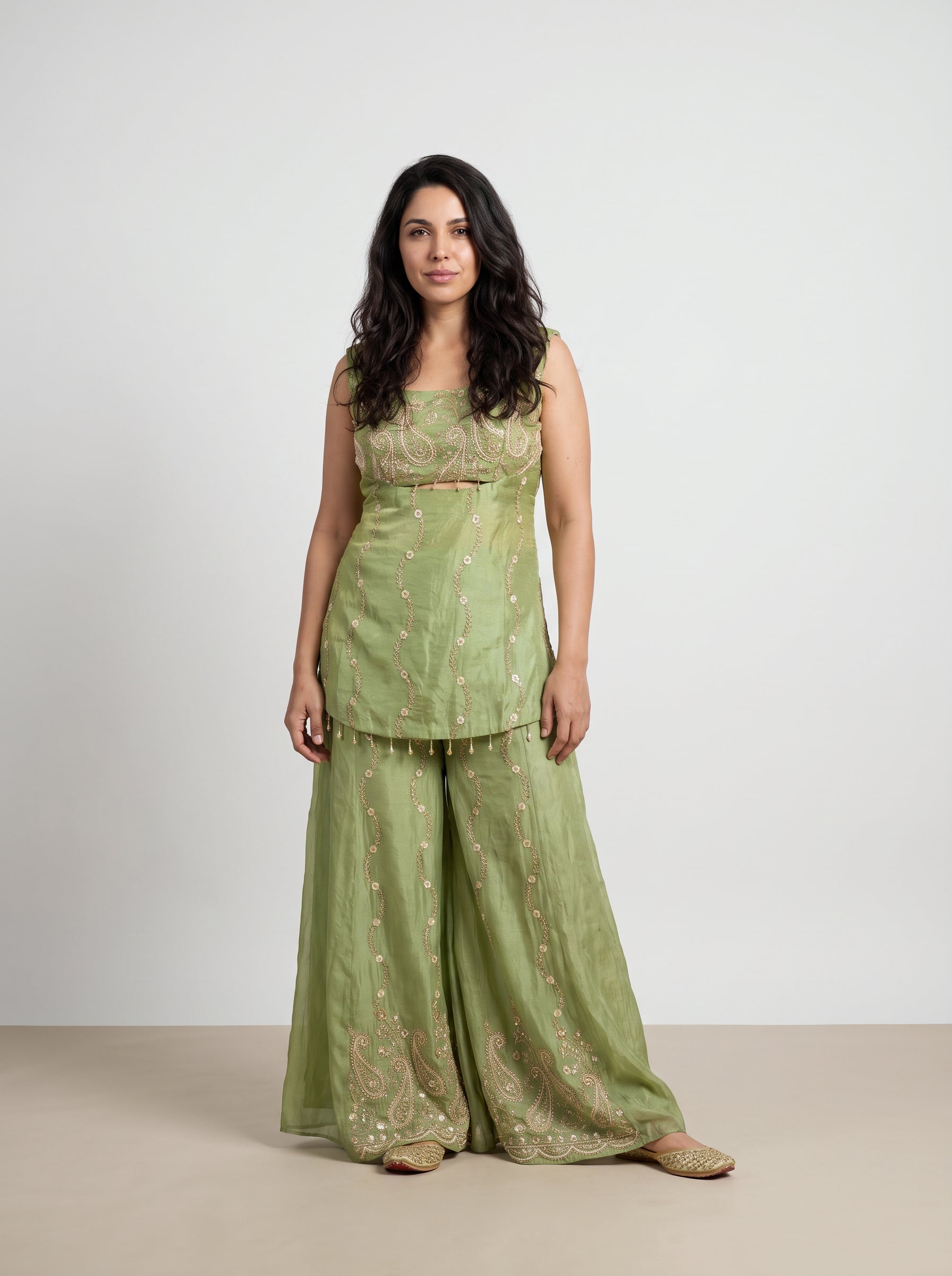Avani Green Hand-Embroidered Sharara Suit Set