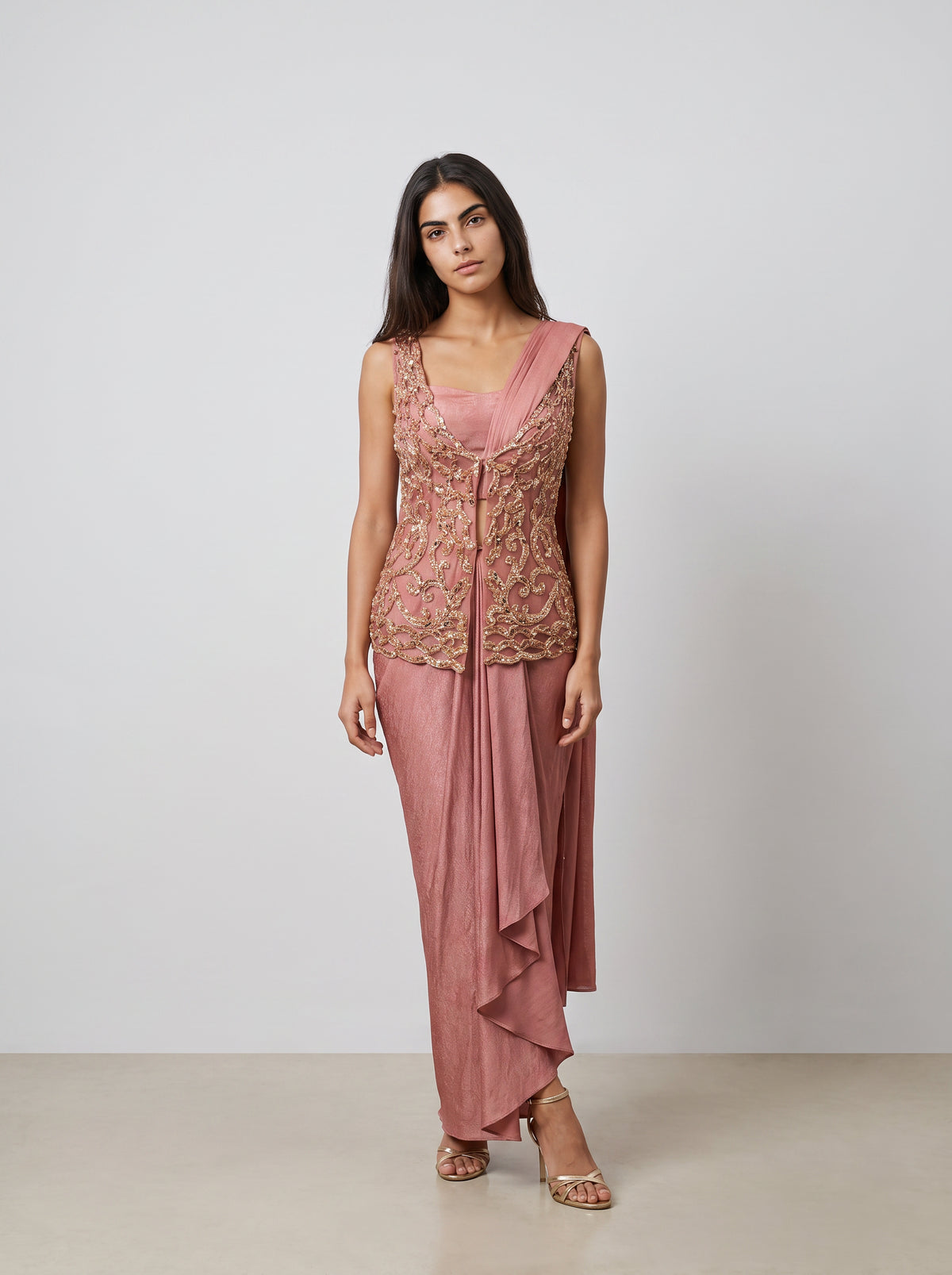 Aurelia Rose Gold Saree Gown with Mirror Work Jacket