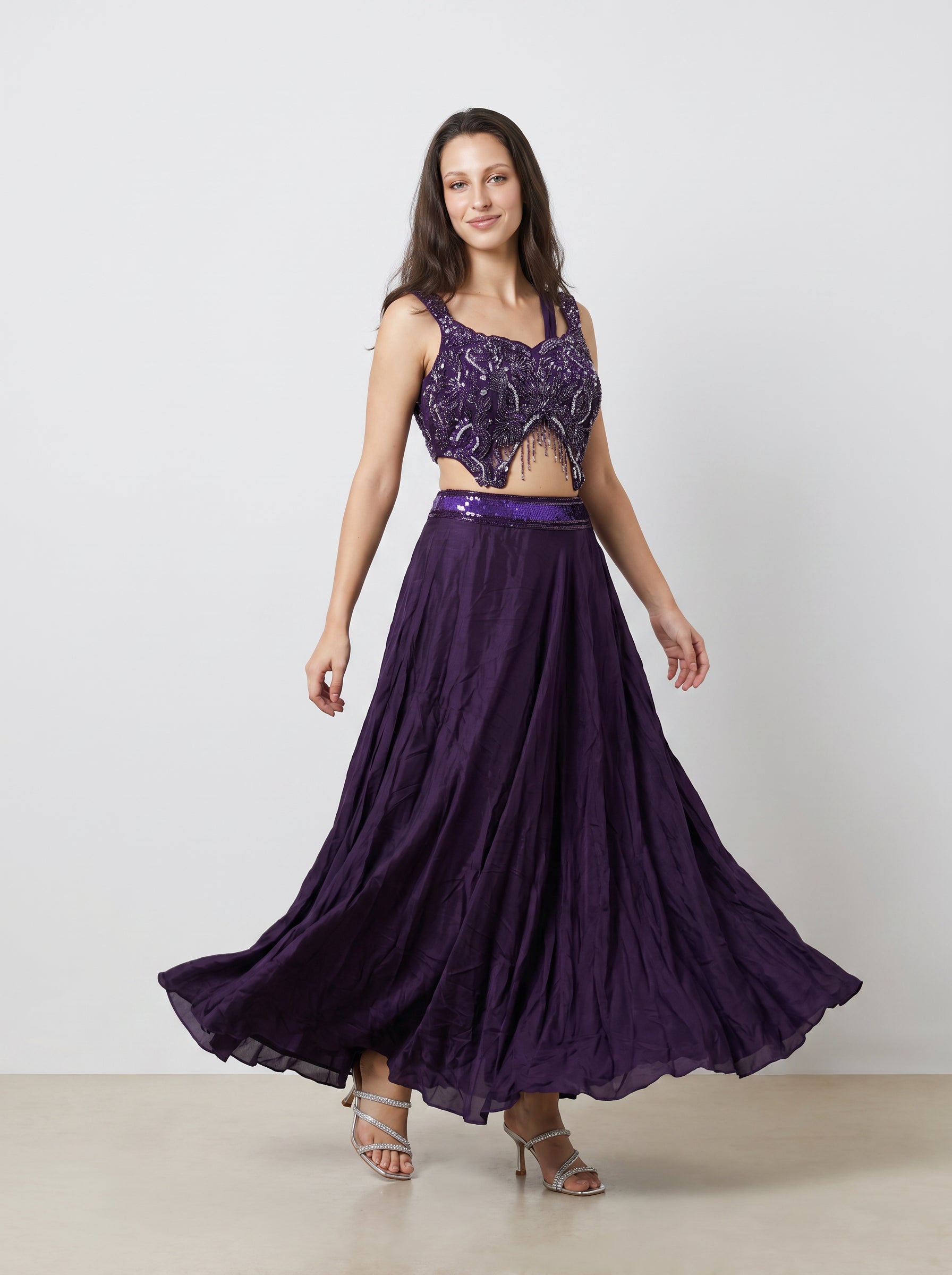 Royal Purple Pre-Draped Saree Lehenga Set with Attached Dupatta