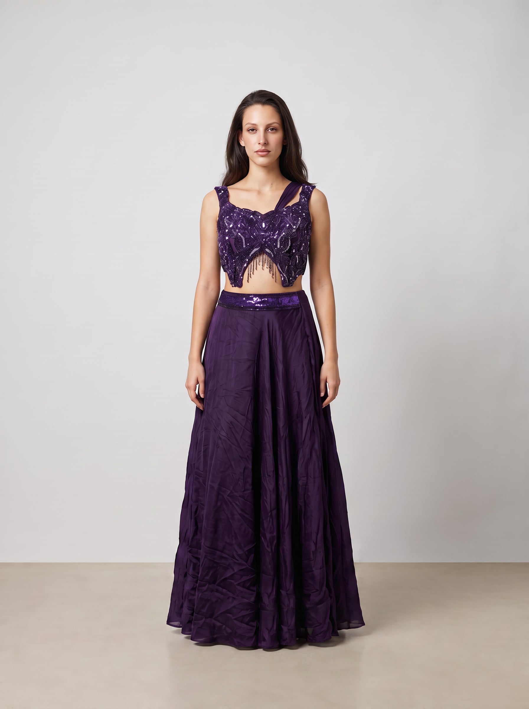 Royal Purple Pre-Draped Saree Lehenga Set with Attached Dupatta
