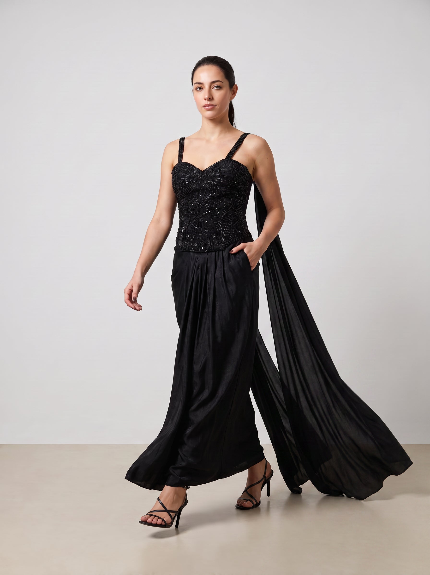 The Nisha Black Sheer Corset Pre-Draped Saree