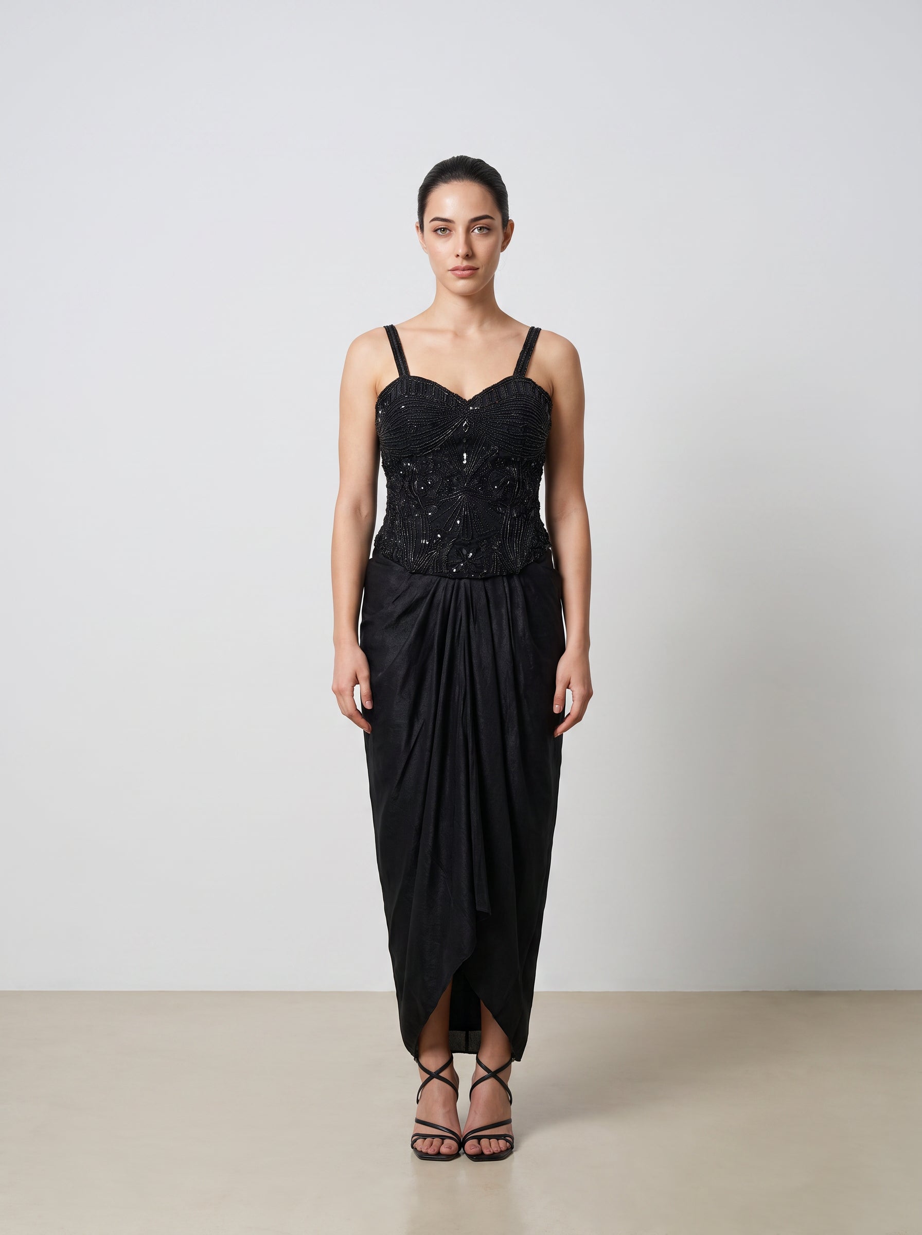 The Nisha Black Sheer Corset Pre-Draped Saree