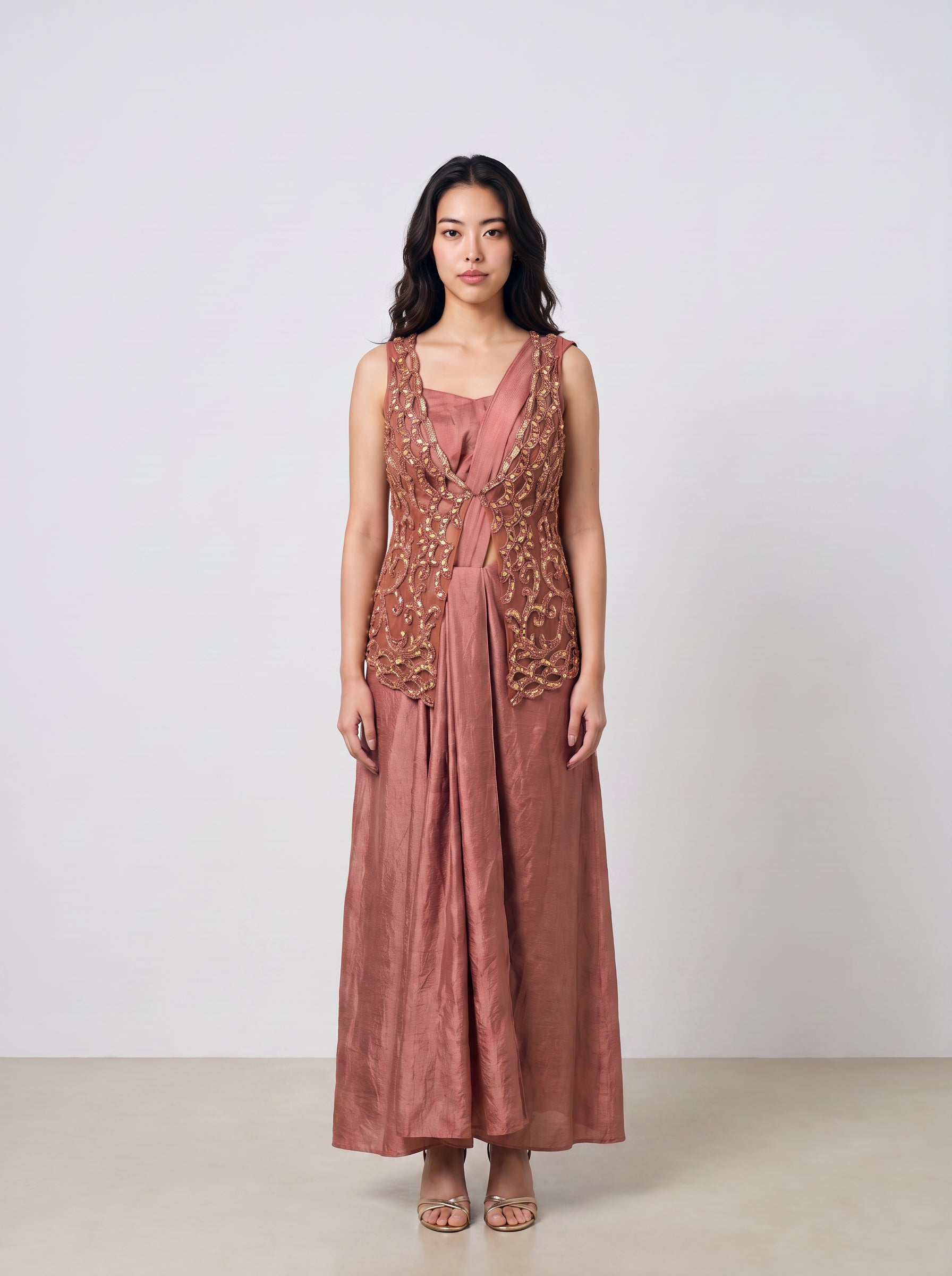 The Arunima Rose Gold Pre-Draped Saree with Embroidered Jacket