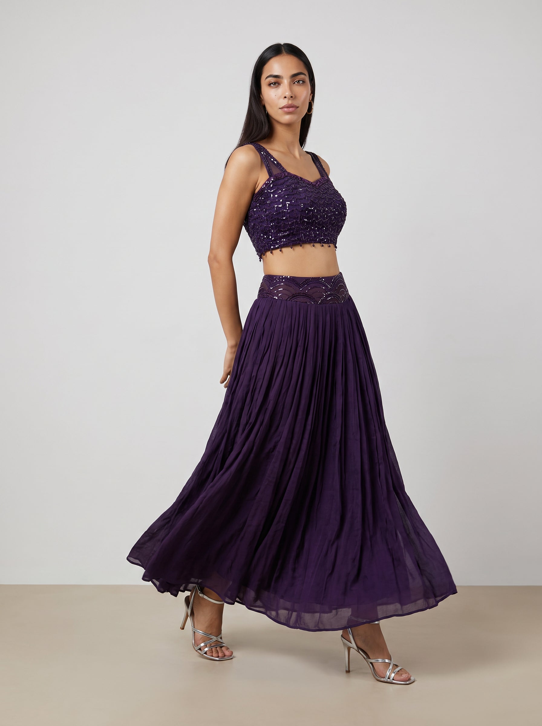 Anvita Deep Purple Sequined Pre-Draped Saree Lehenga Set with Attached Dupatta