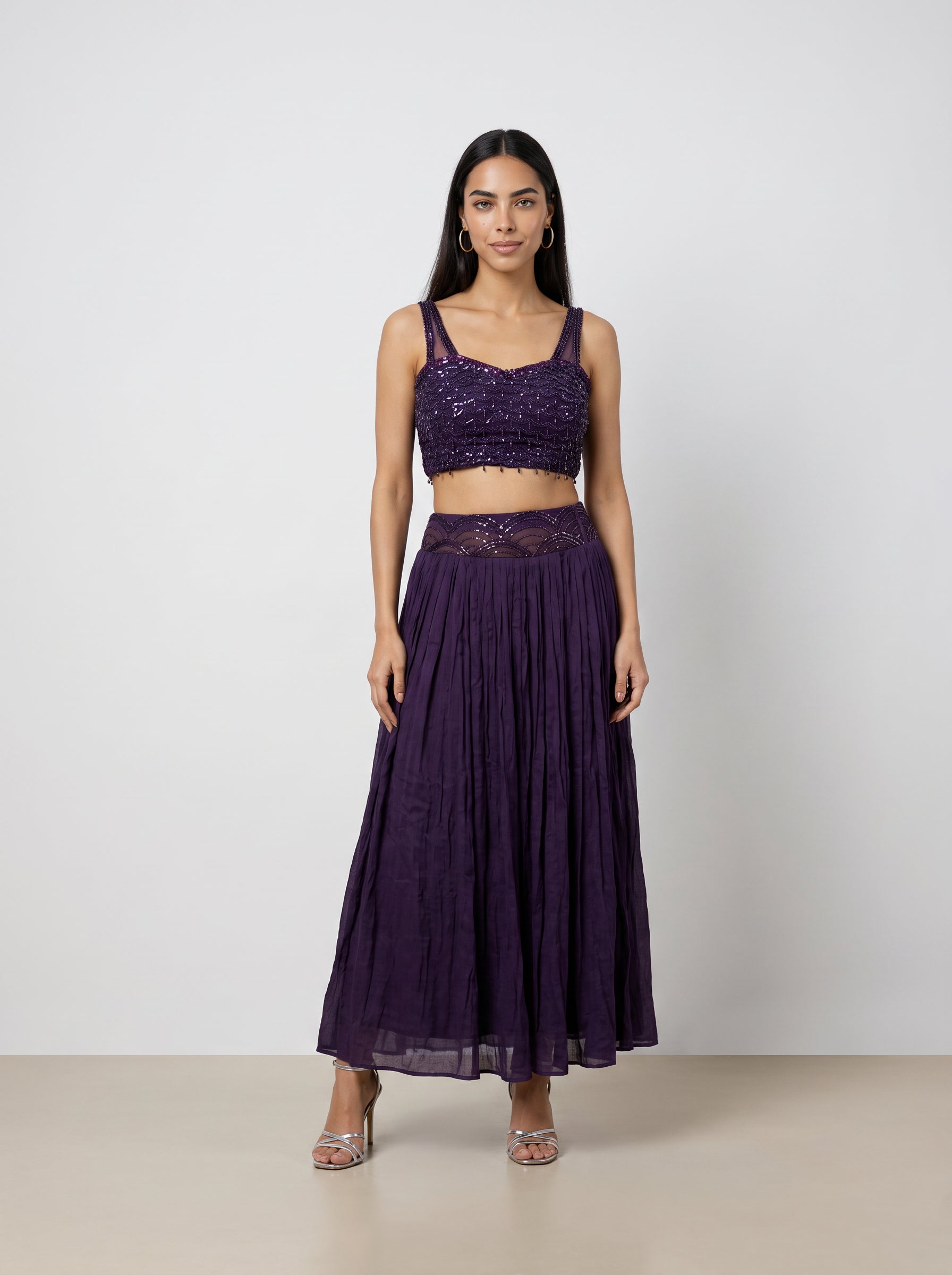 Anvita Deep Purple Sequined Pre-Draped Saree Lehenga Set with Attached Dupatta