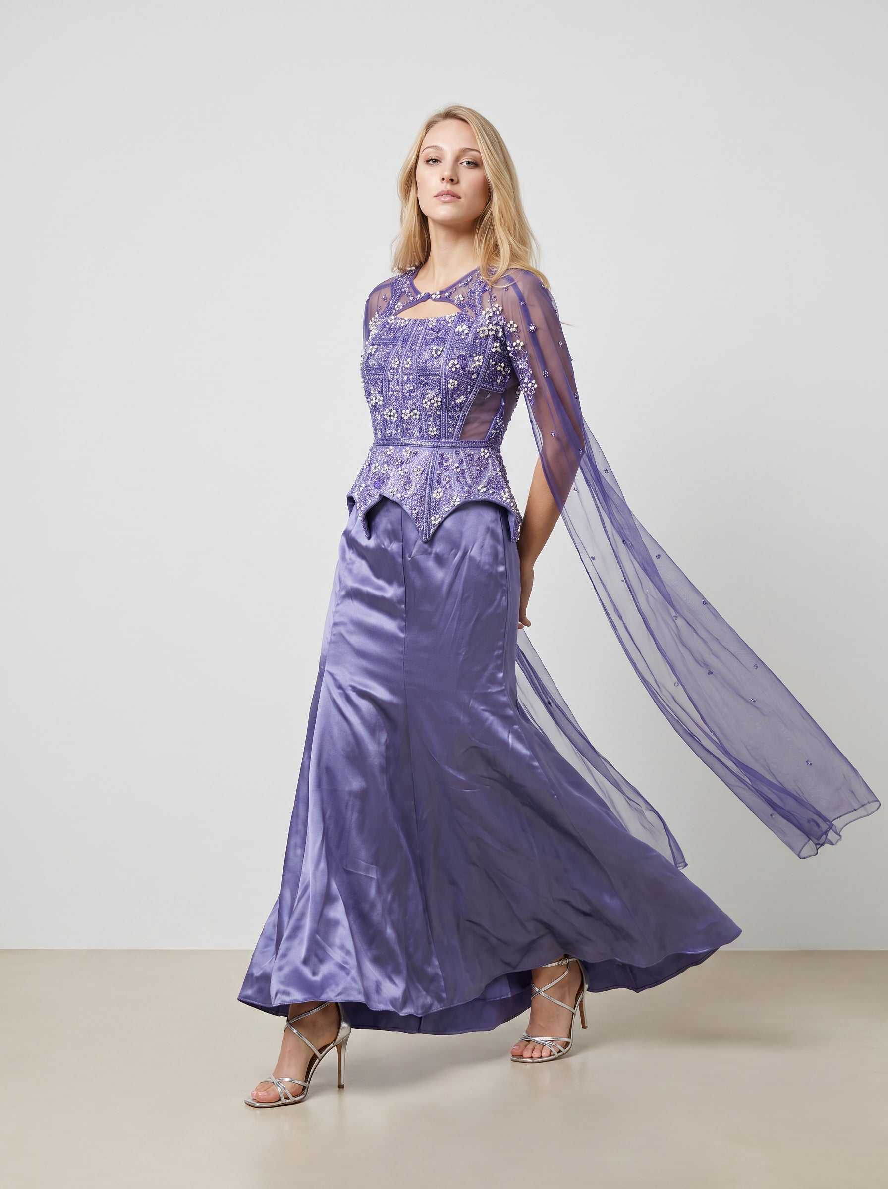 The Lavender Pearl-Embellished Peplum Lehenga Set with Cape