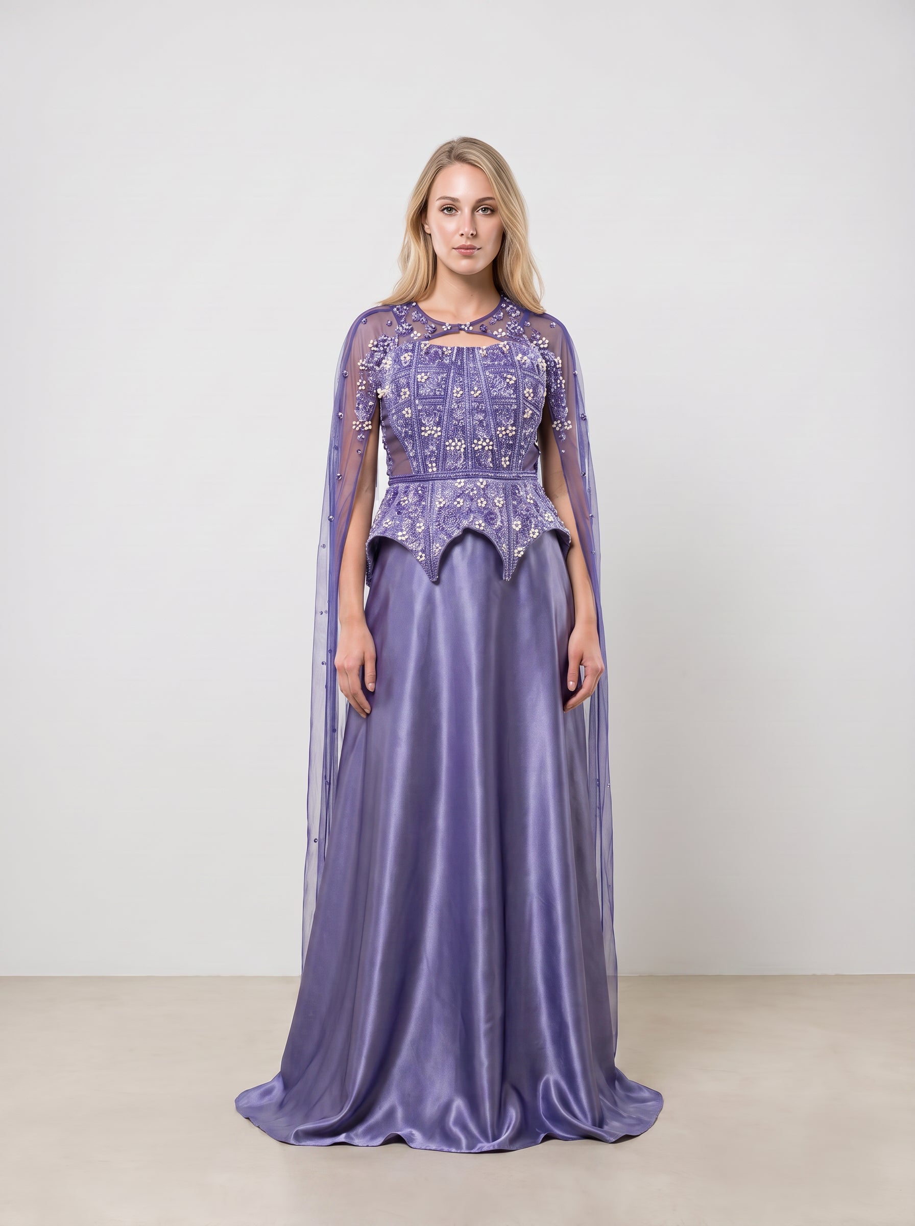 The Lavender Pearl-Embellished Peplum Lehenga Set with Cape