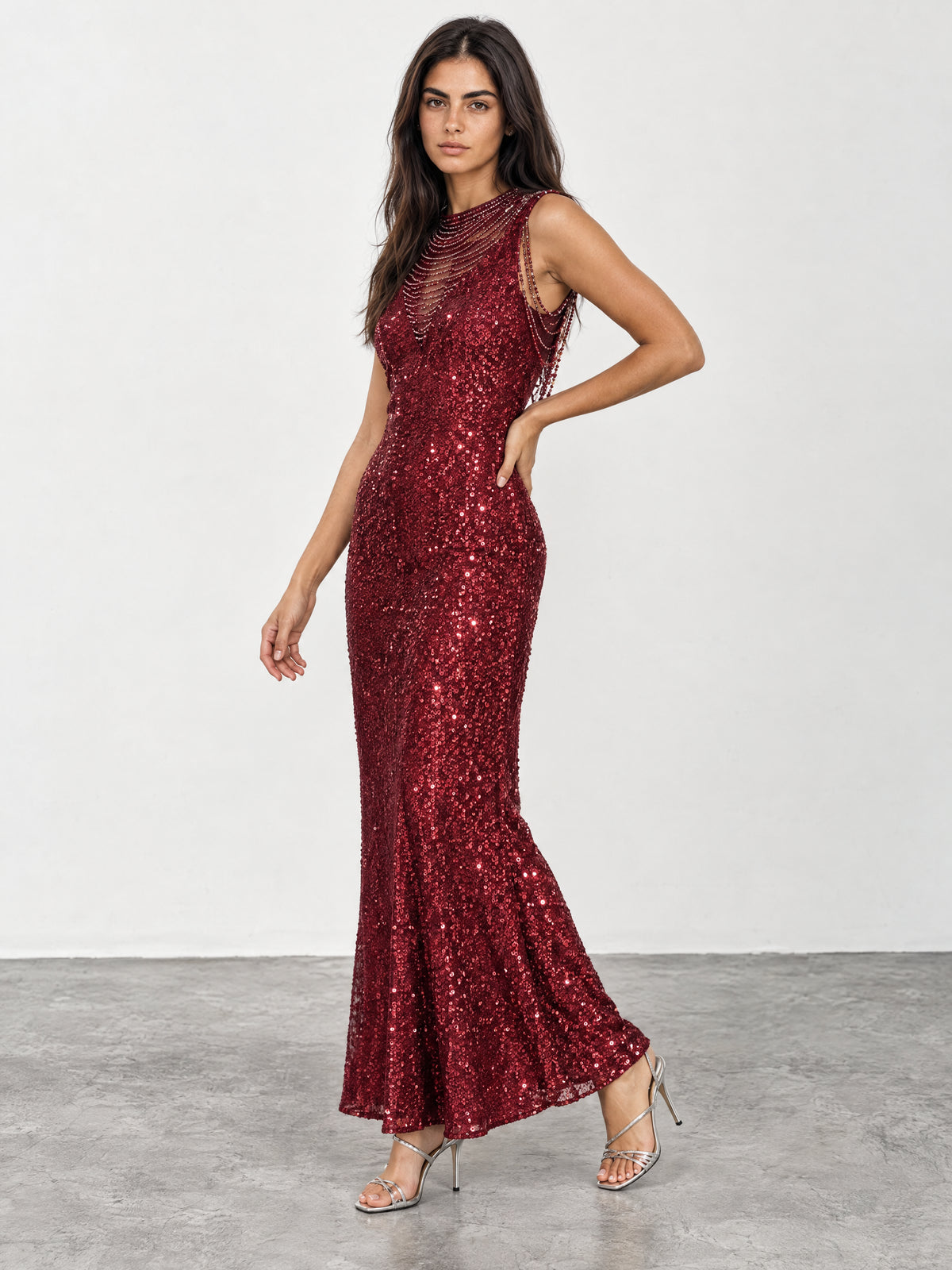 Aarunya Sequin High-Neck Evening Gown with Beaded Shoulder Chains