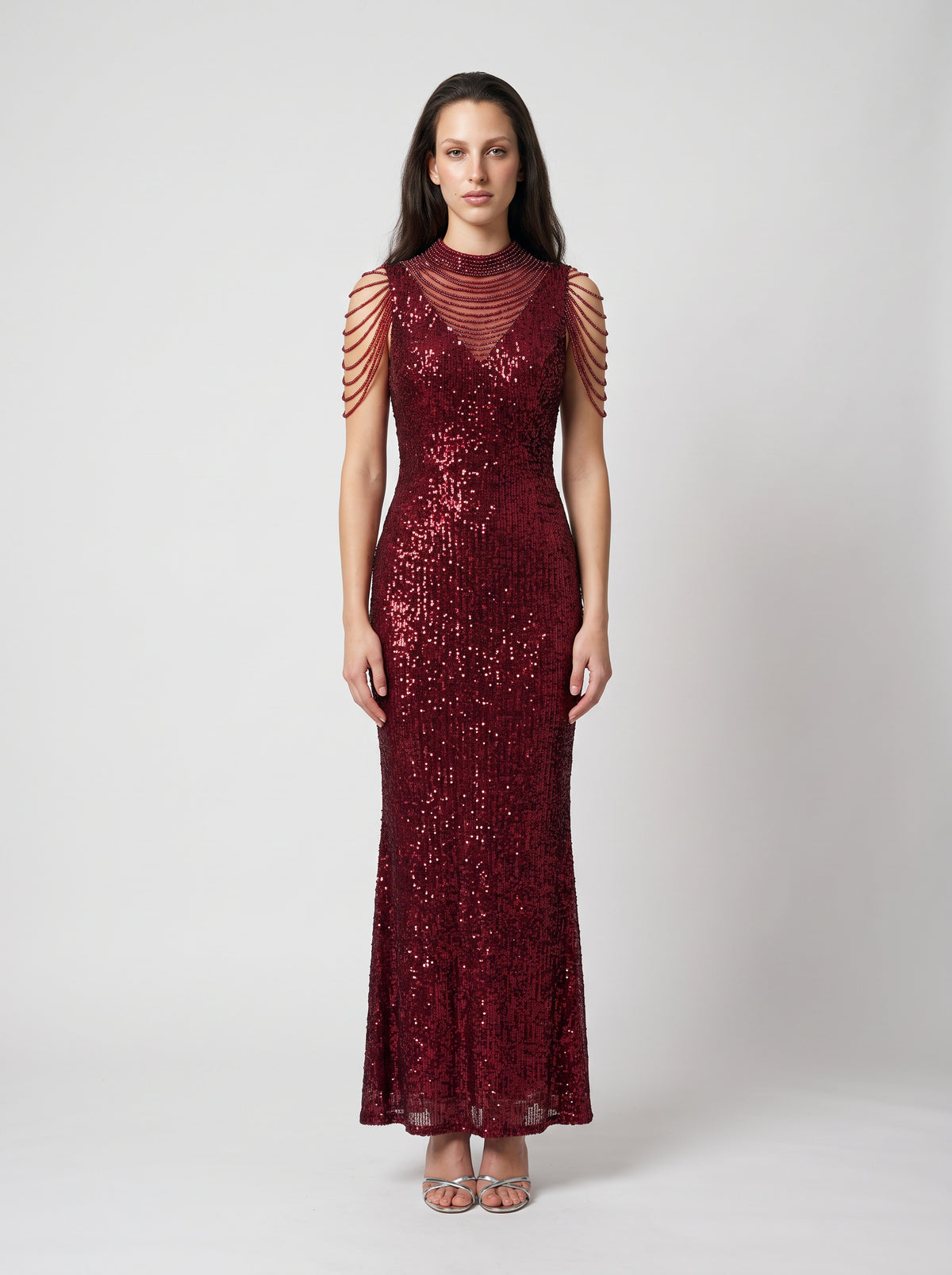 Aarunya Sequin High-Neck Evening Gown with Beaded Shoulder Chains