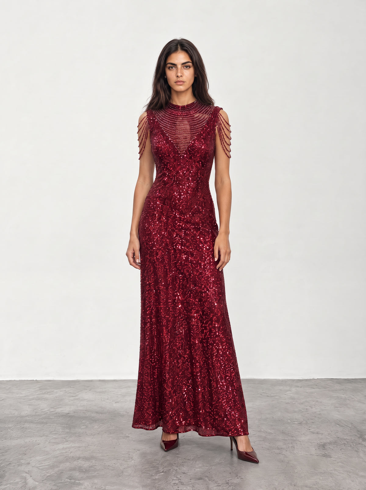 Aarunya Sequin High-Neck Evening Gown with Beaded Shoulder Chains