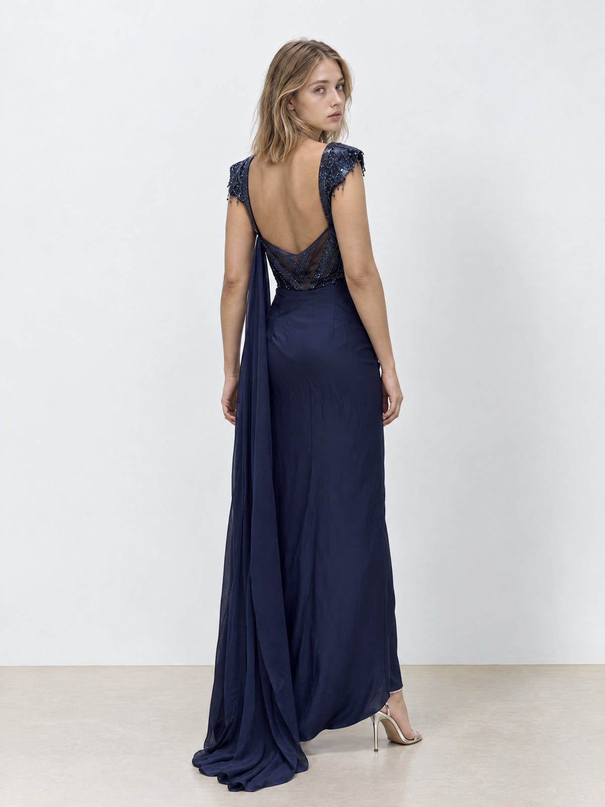 Veya Midnight Blue Sheer Corset & Draped Evening Gown