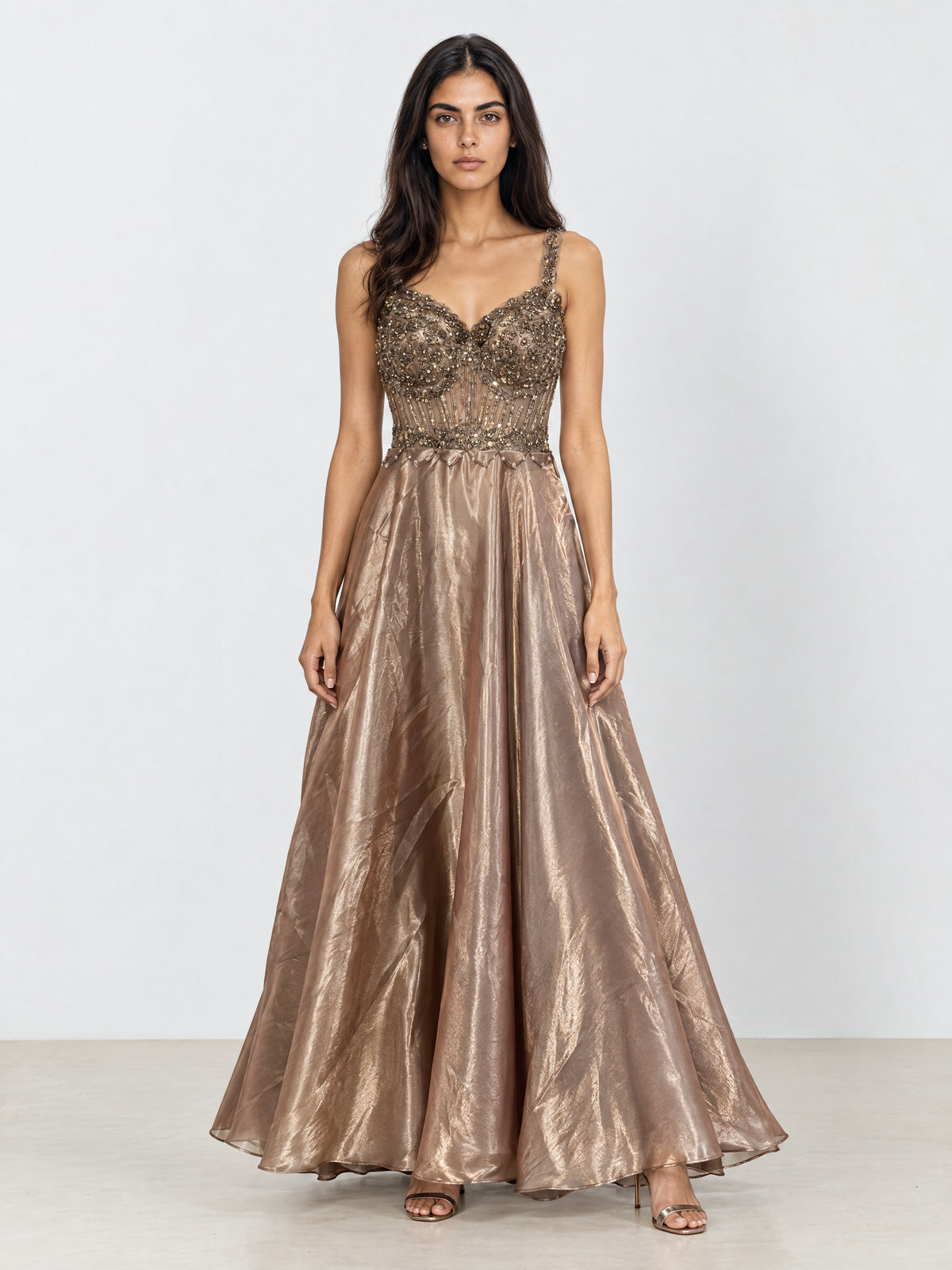 Ophelia Bronzed Metallic Embellished Corset Evening Gown
