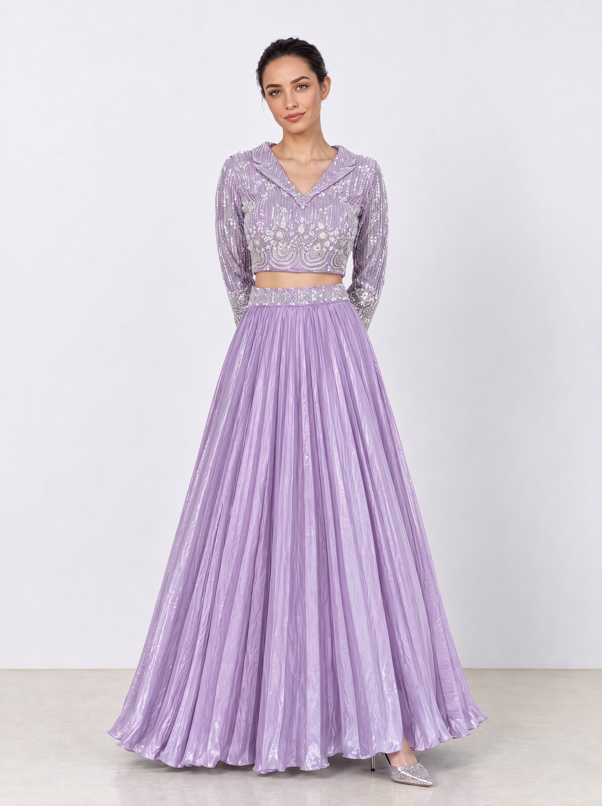Lavanya Lilac Shimmer Pleated Lehenga with Embroidered Crop Top