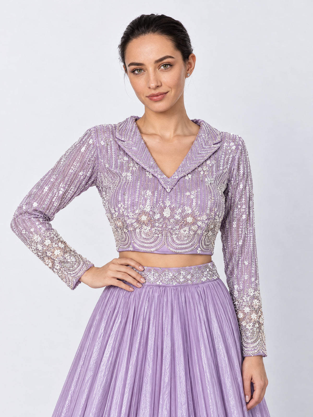Lavanya Lilac Shimmer Pleated Lehenga with Embroidered Crop Top
