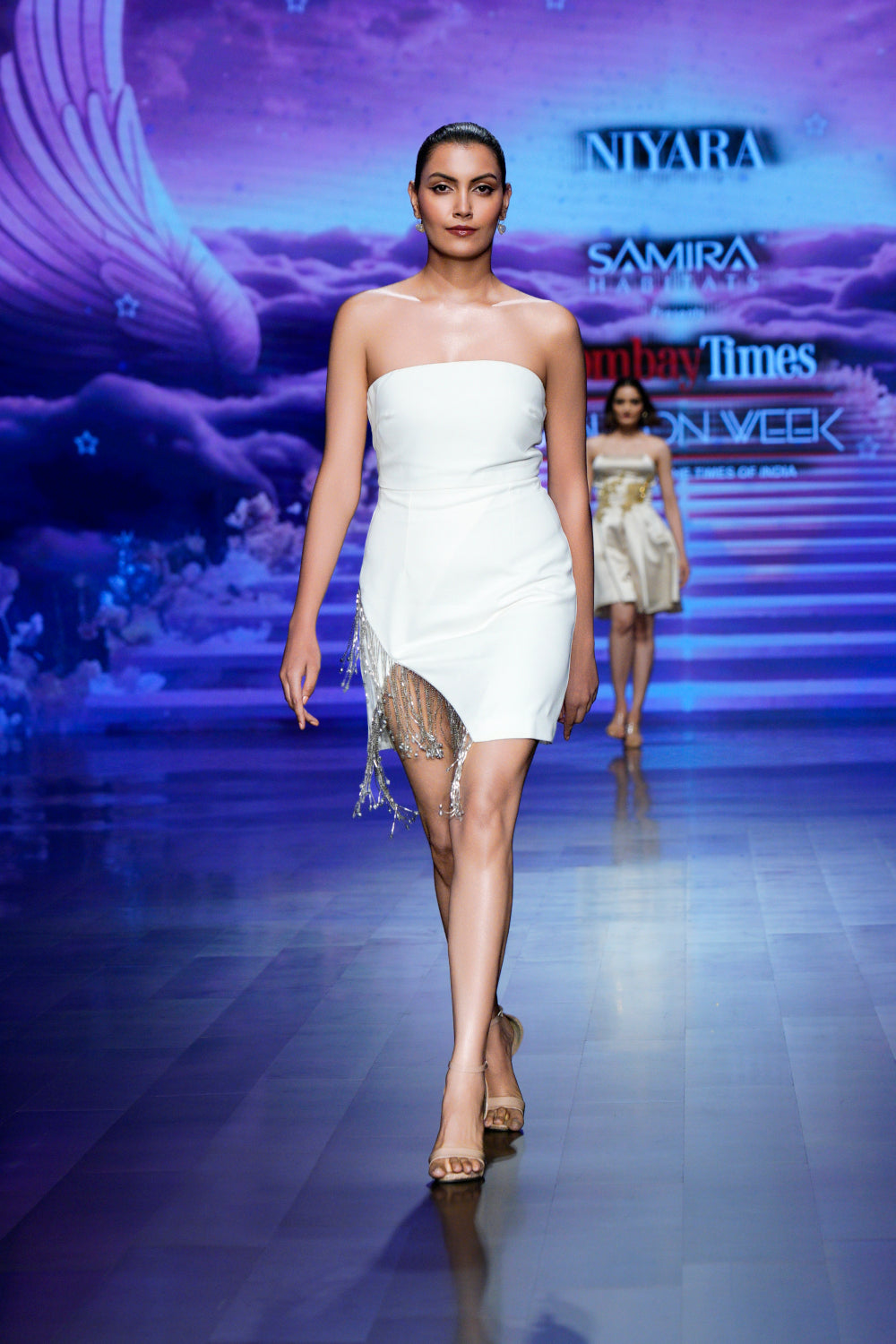Luxury white party dress with silver fringe (front profile)