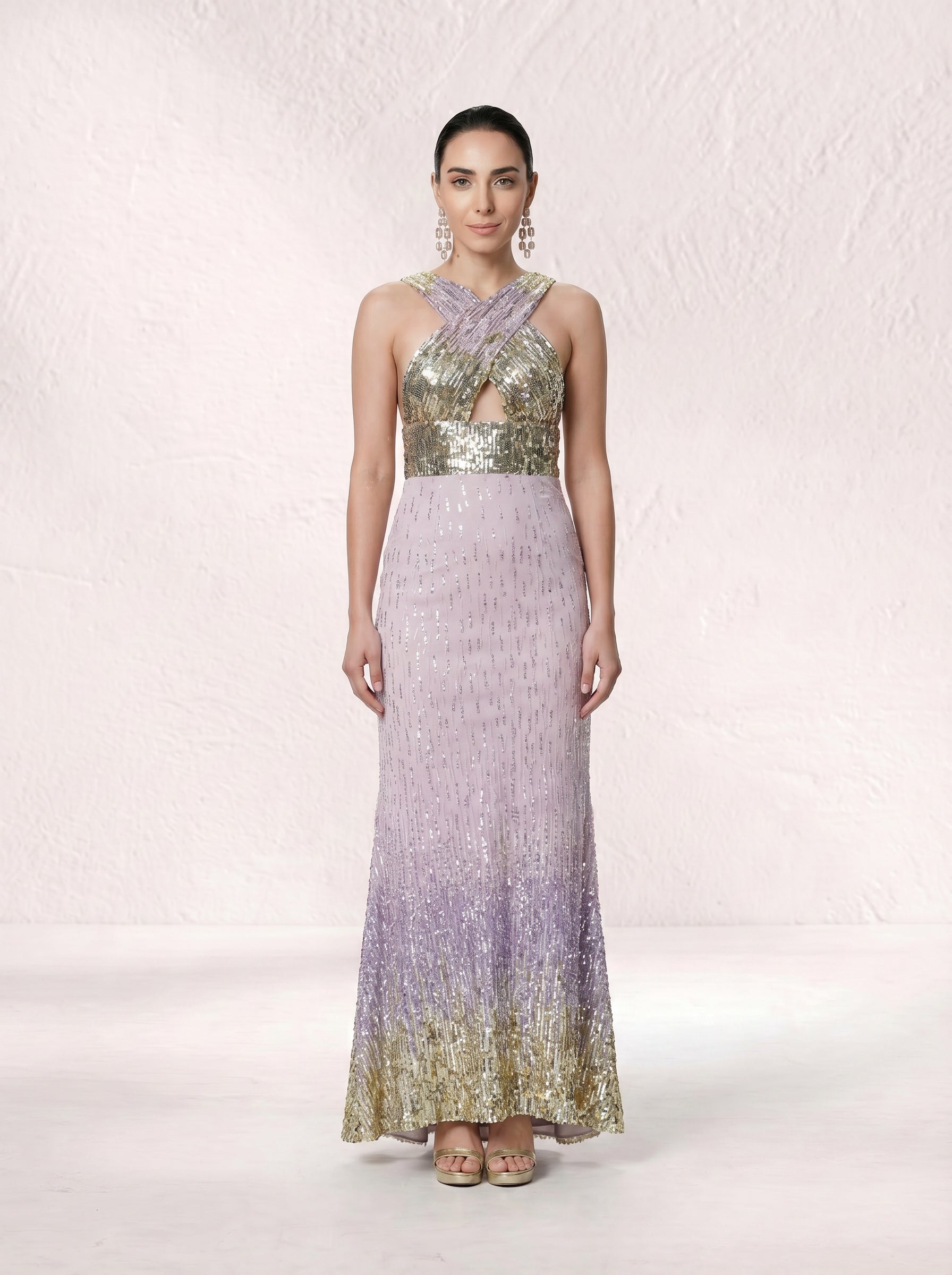 Zayana Lavender & Gold Ombré Sequin Gown – Halter Neck Cross-Body Elegance