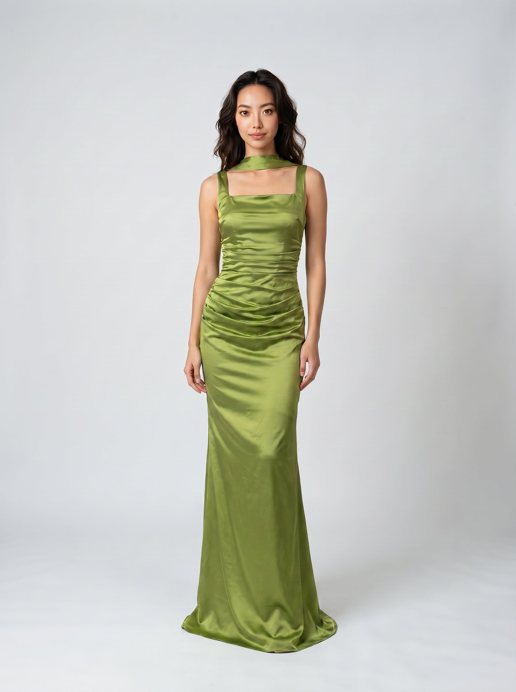 Nyra Green Ruched Satin Maxi Gown with Detachable Choker Scarf
