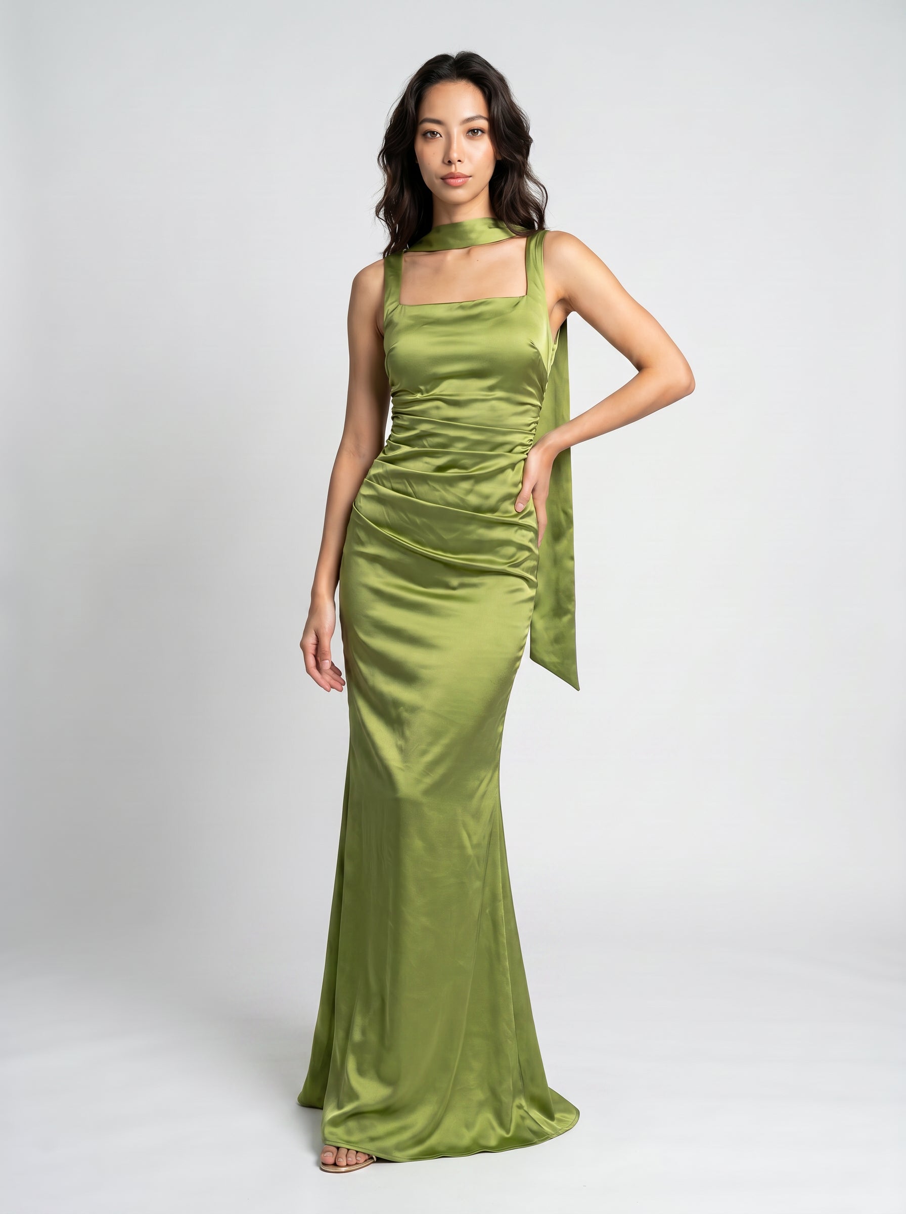 Nyra Green Ruched Satin Maxi Gown with Detachable Choker Scarf