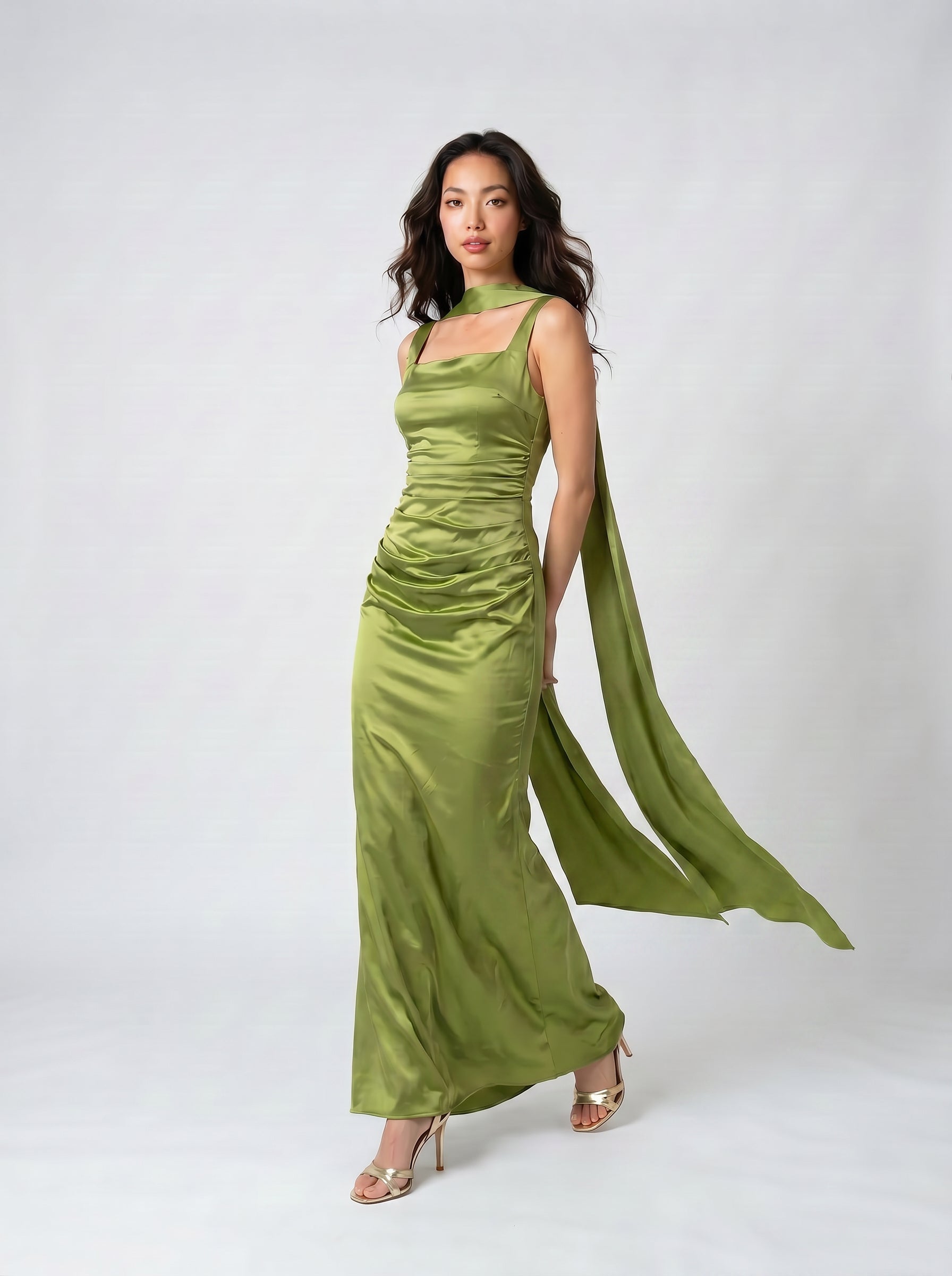 Nyra Green Ruched Satin Maxi Gown with Detachable Choker Scarf