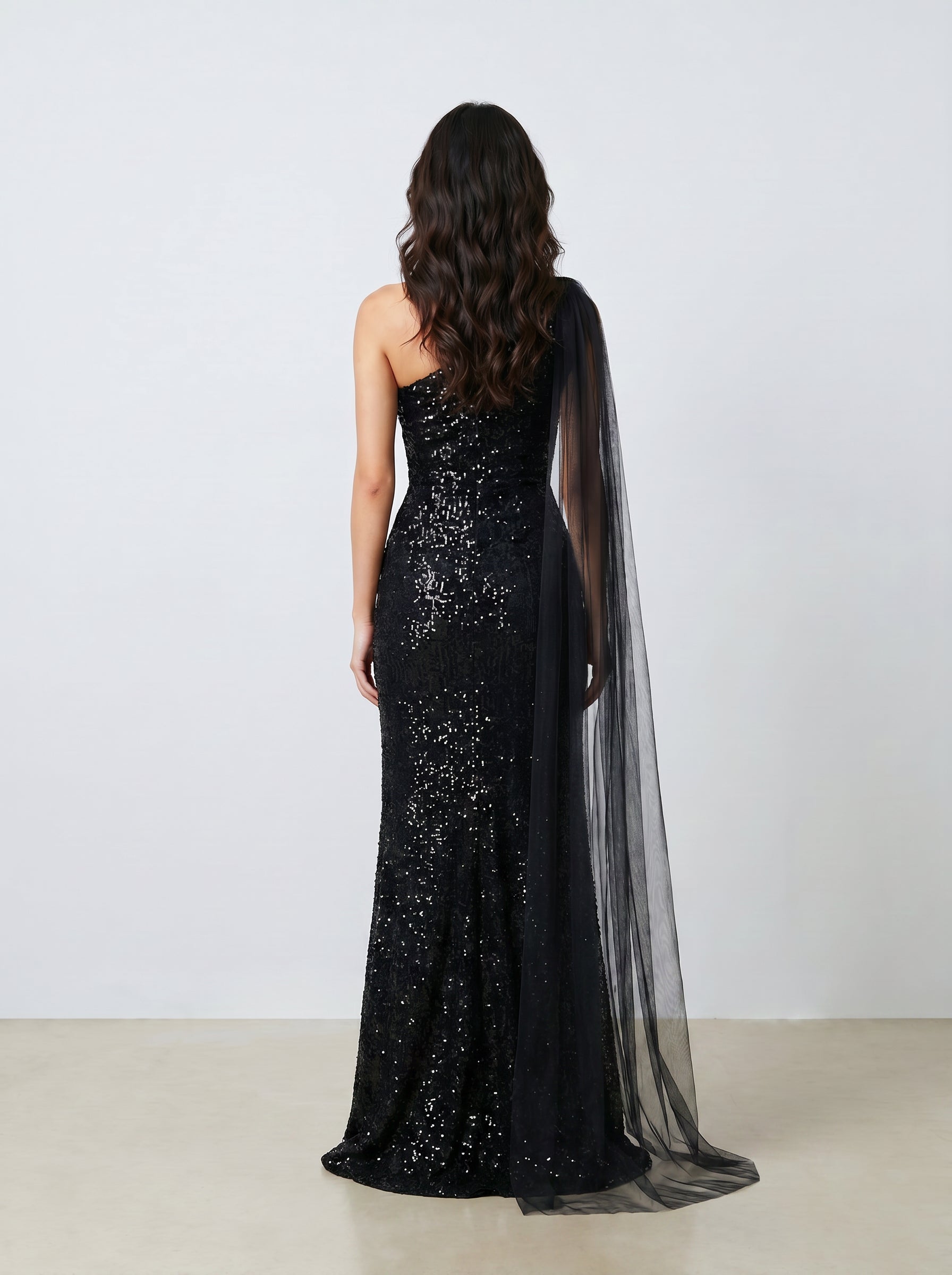 Noir Éclipse One-Shoulder Black Velvet Sequin Gown